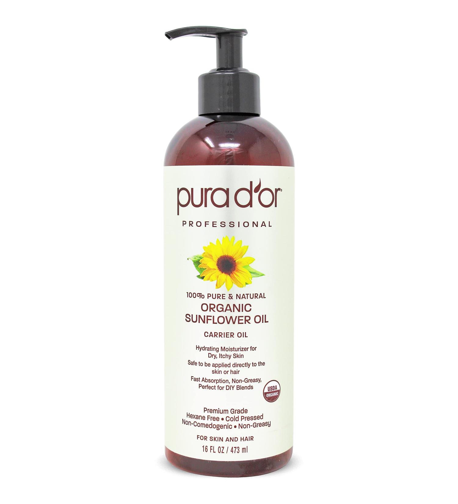 PURA D'OR Organic Sunflower Seed Oil - 100% Pure Carrier Oil for Skin, Face & Hair - USDA Certified - 16oz - Buy Online on GoSupps.com