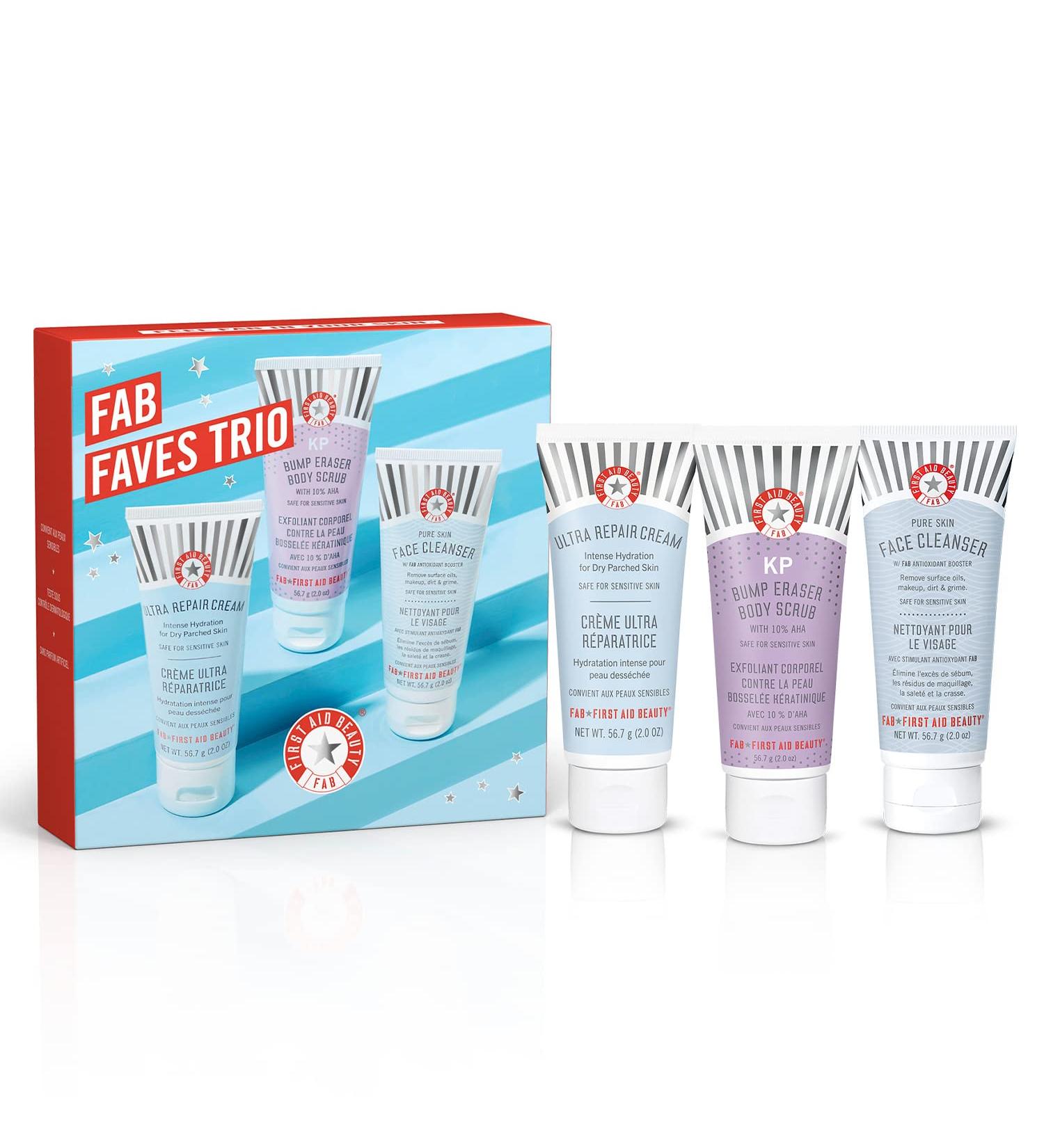 First Aid Beauty FAB Faves Trio KP Bump Eraser Body Scrub with 10% AHA (56.7g) Ultra Repair Cream (56.7g) & Pure Skin Face Cleanser (56.7g) 3 FAB Favourites - Buy Online on GoSupps.com