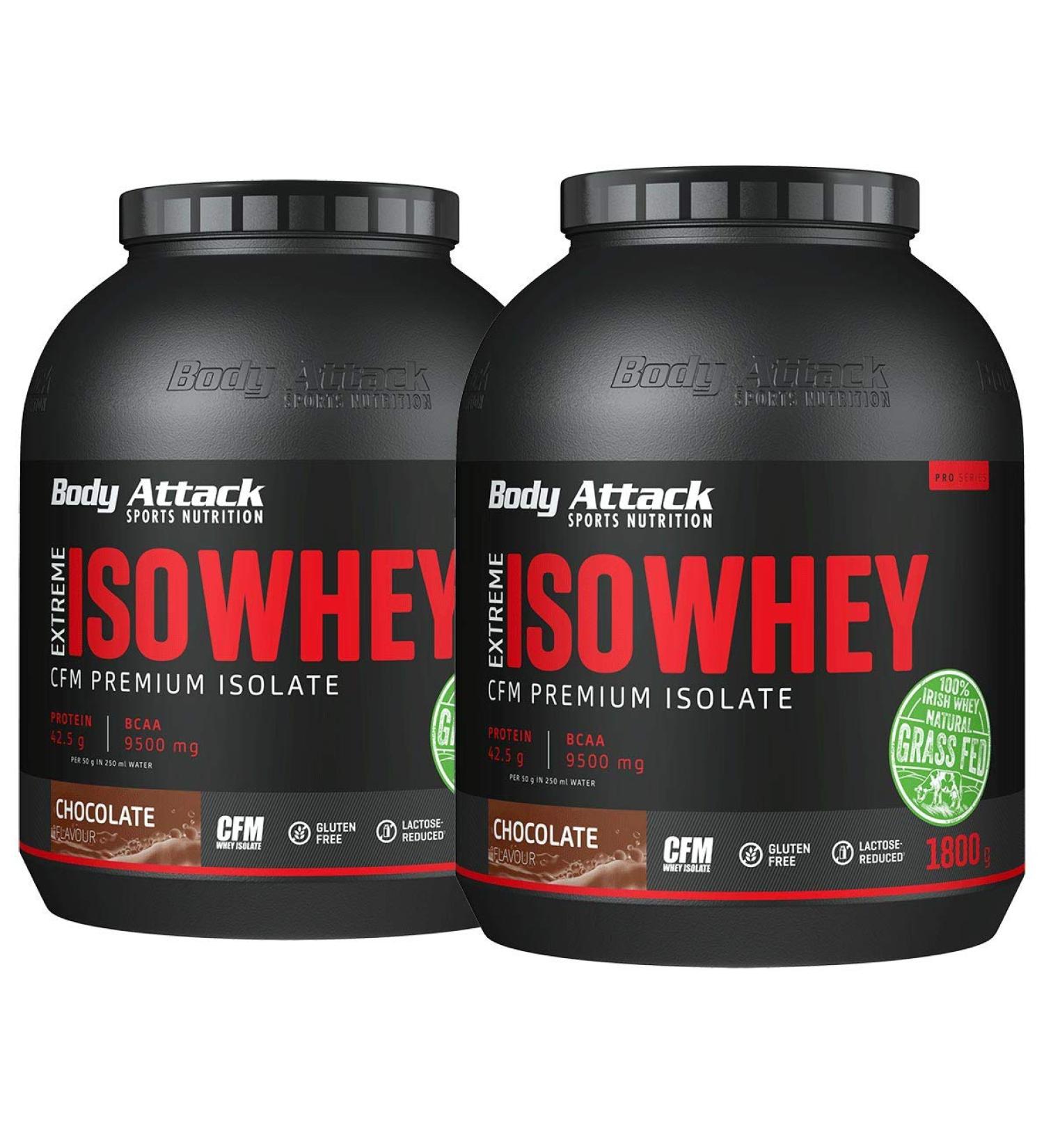 Body Attack Extreme ISO Whey Protein Isolate - Chocolate 2 x 1.8kg - Gluten-Free Low Fat 90.6% Isolate from 100% Irish Pasture Milk - Buy Online on GoSupps.com