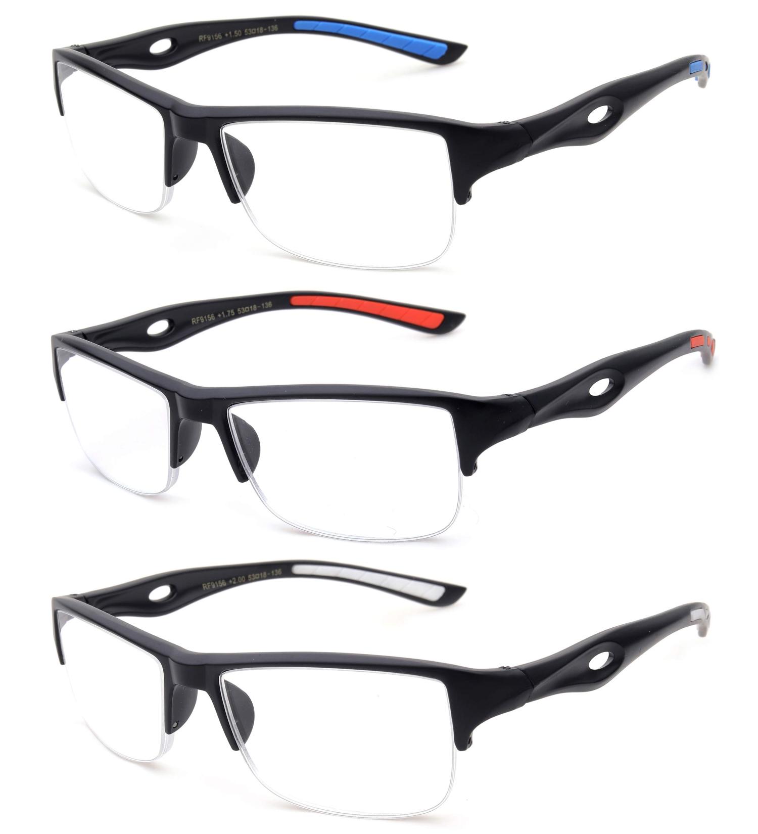 3 Pack Mens Reading Glasses - Sporty Half Frame Rimless 1.50 in Blue Red & White - Perfect for Comfortable Reading - Buy Online on GoSupps.com