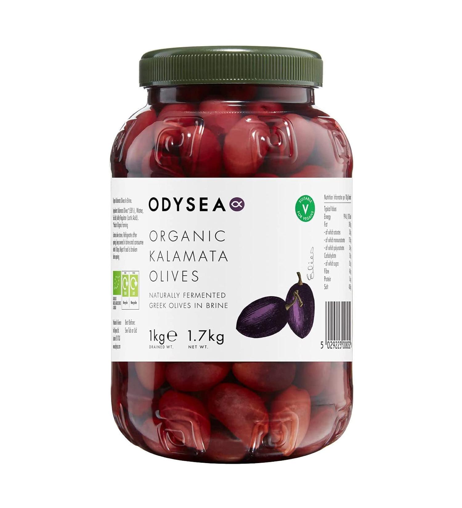 Odysea Organic Unpitted Kalamata Olives in Brine 1kg - Premium Quality Greek Olives - Buy Online on GoSupps.com