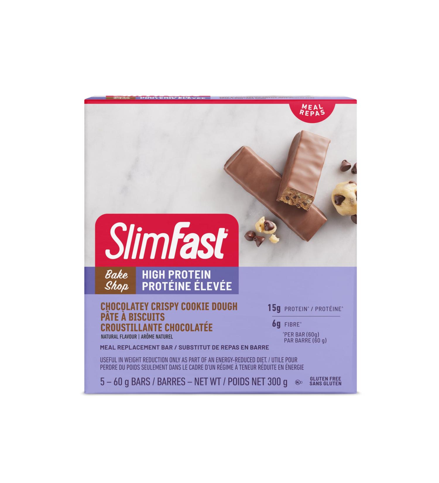 Case of 12 Boxes of Slimfast Bake Shop Meal Replacement Bars with 15g of Protein & 5g Fiber 5 - 60g Bars per box and 12 Boxes per case 60 Bars Total Chocolatey Crispy Cookie Dough Bar - Buy Online on GoSupps.com