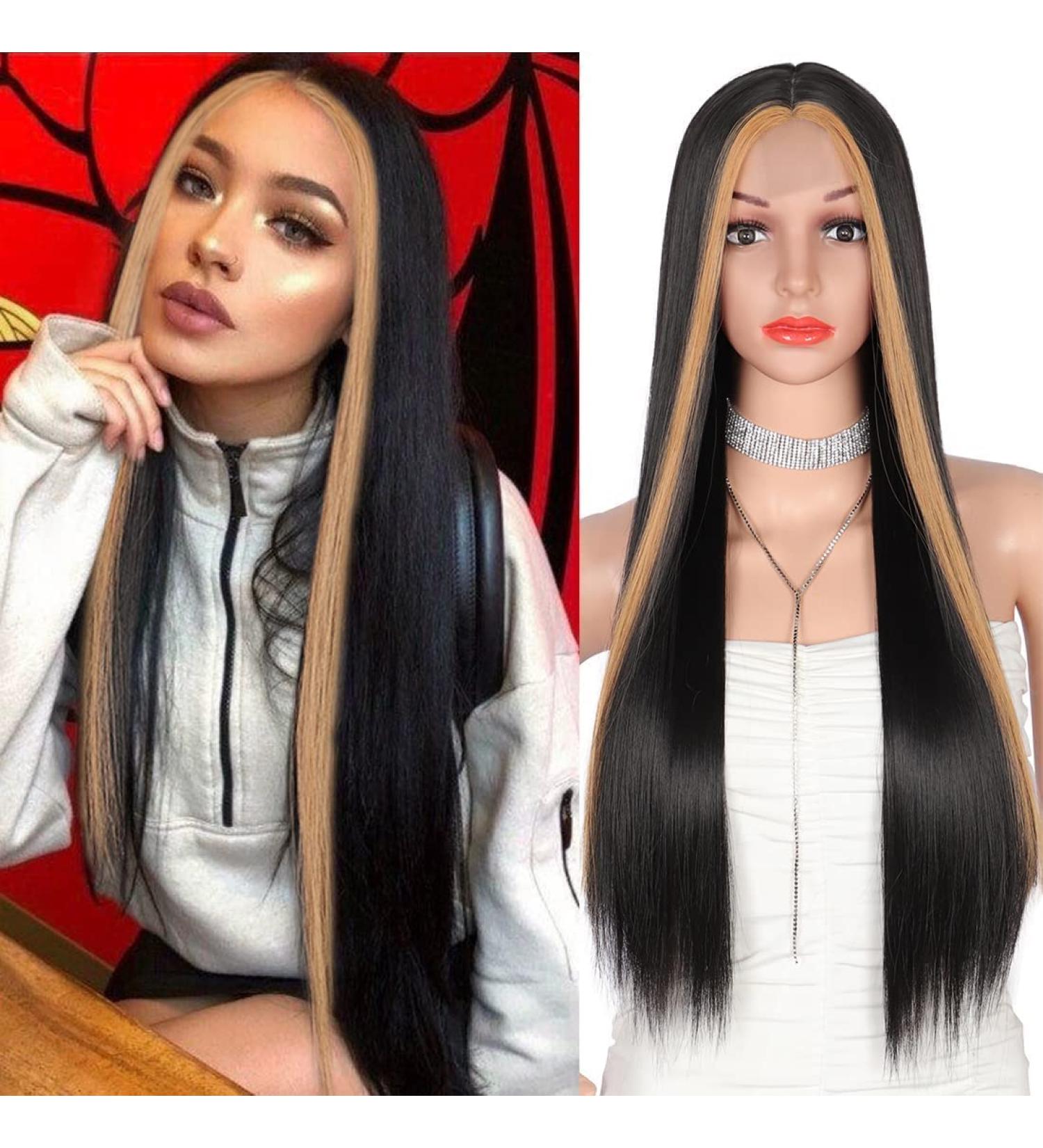 Kalyss 26 Long Synthetic Lace Front Wig for Women - Black with Brown Stripes & Dark Roots - Natural Looking Middle Part Hair Wig - Buy Online on GoSupps.com
