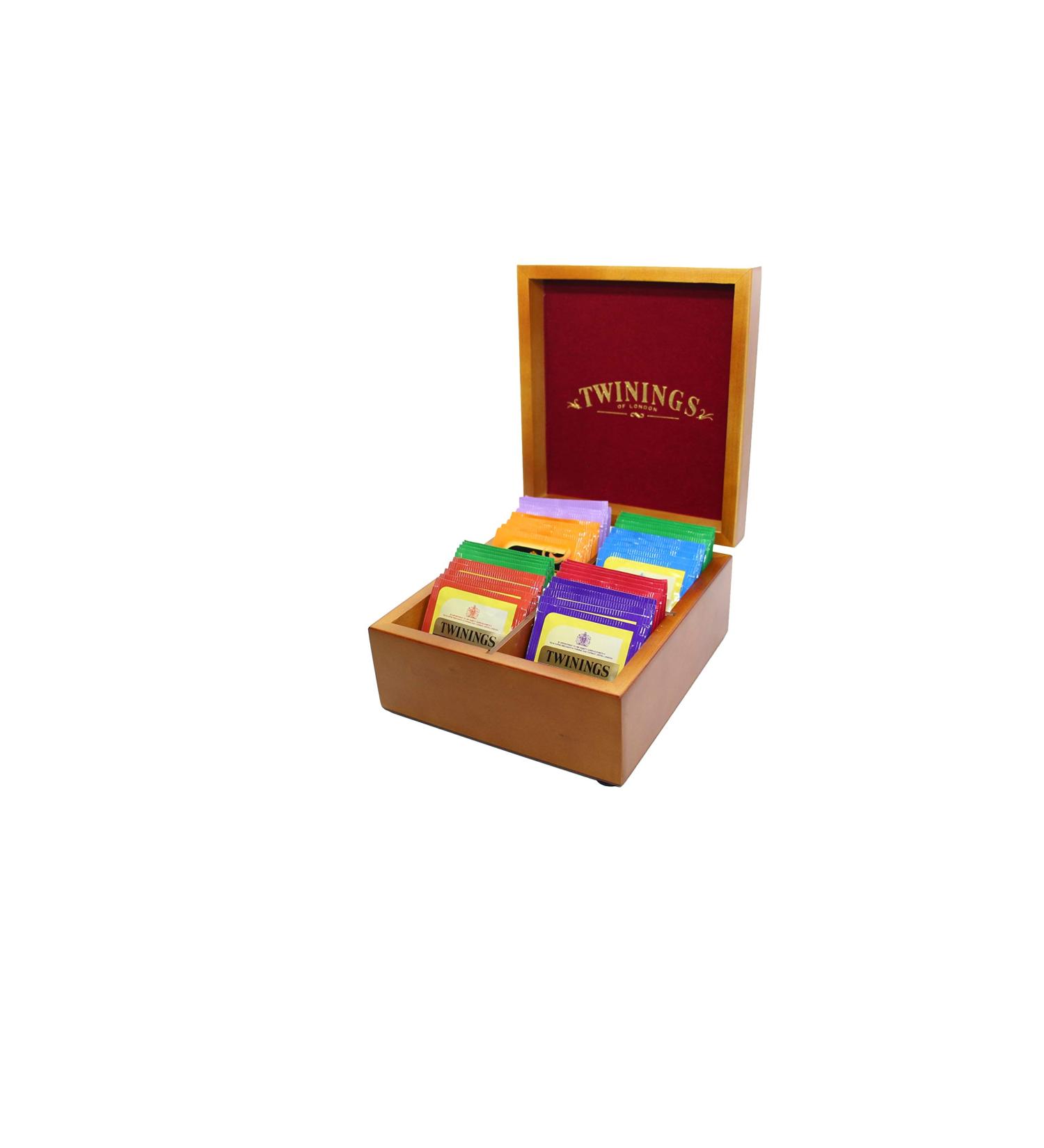 ITC Luxury Oak Wood and Red Velvet Tea Caddy with 4 Compartments and 40 Tea Bags