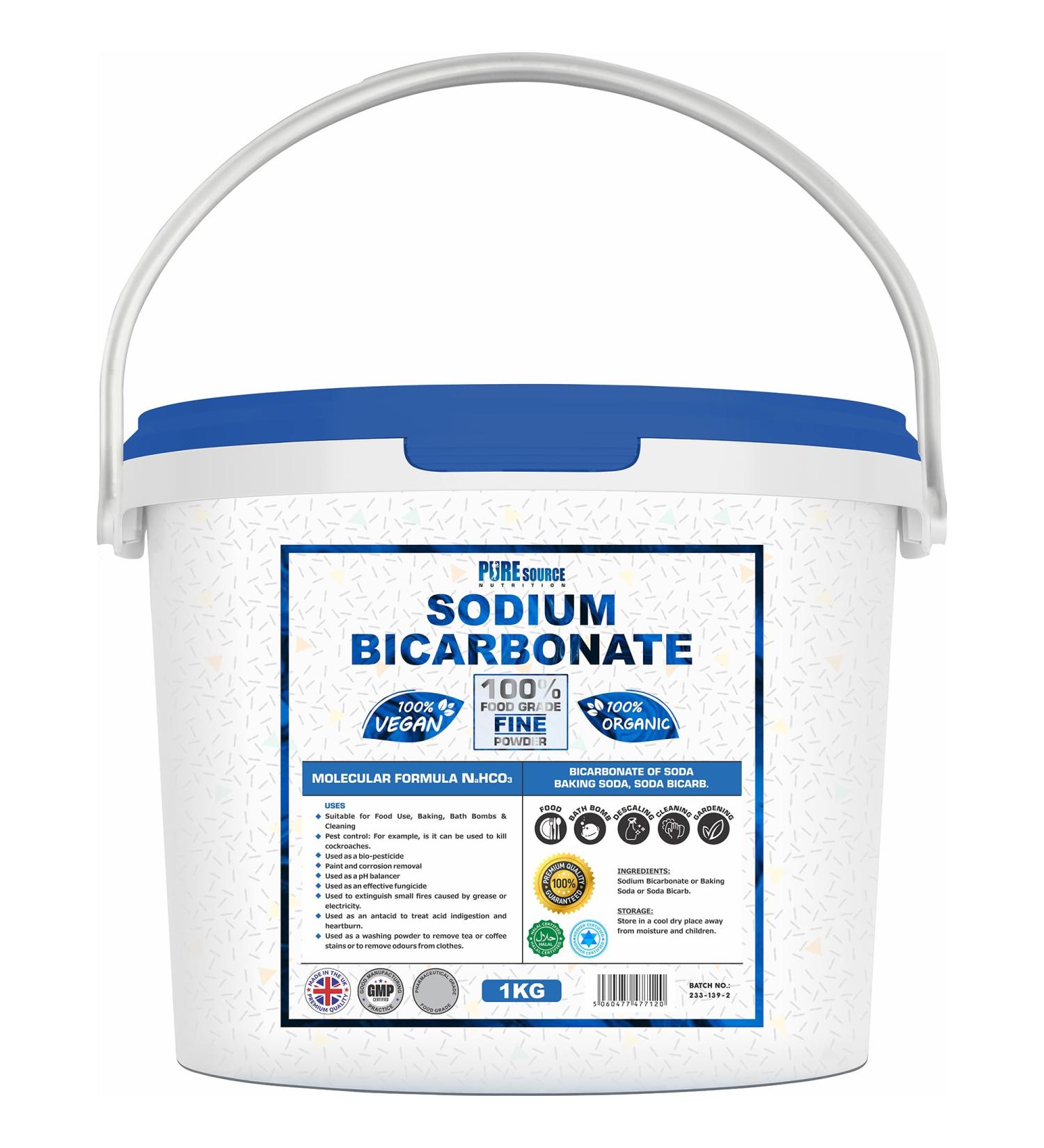 Baking Soda Sodium Bicarbonate 100% Pure Food Grade Bicarb Bicarbonate Baking Soda Bucket for Cooking Cleaning Baking Bath Bombs Odours Teeth MADE in UK by PSN (1KG) - Buy Online on GoSupps.com