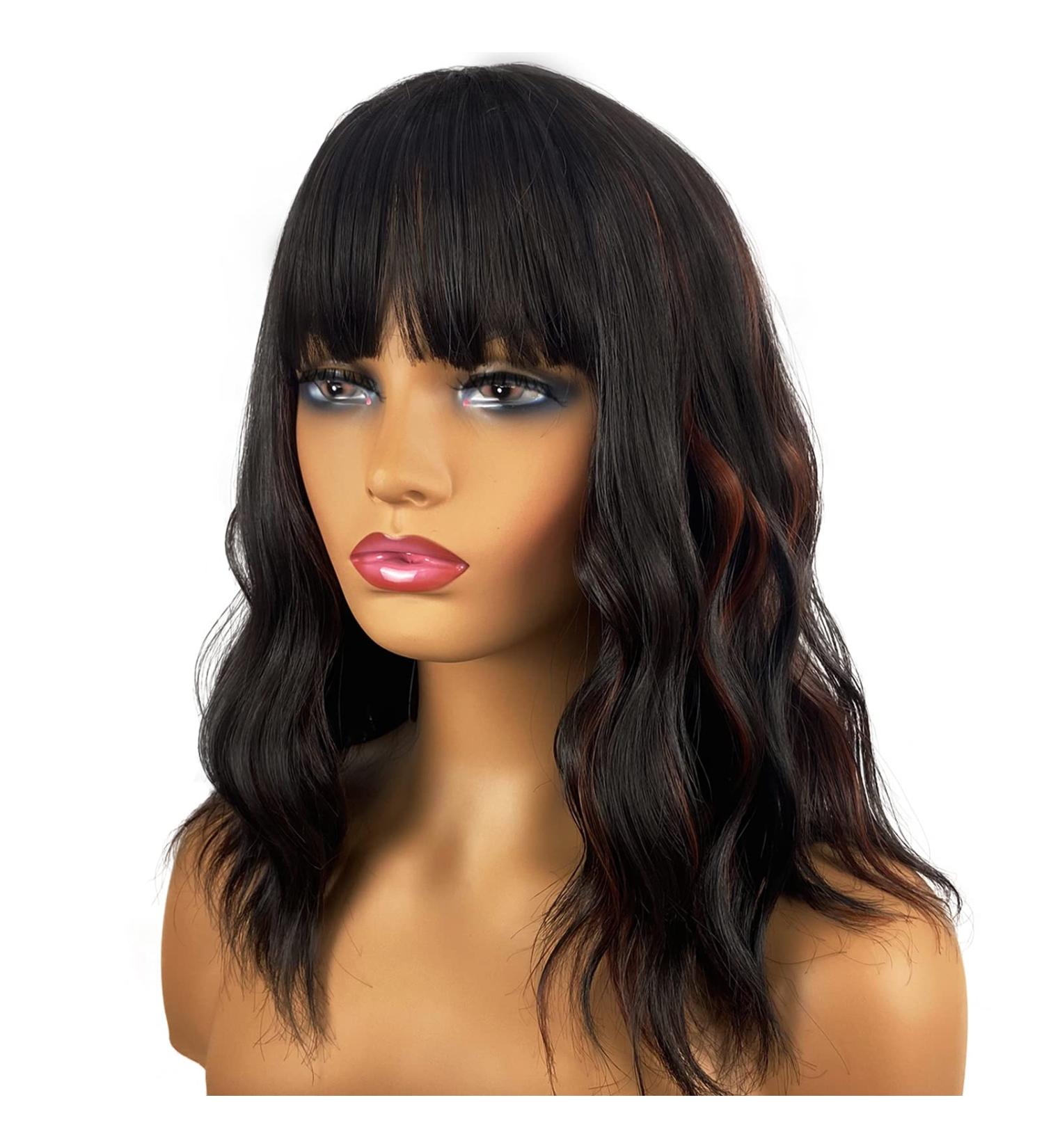MIMISERVICE Wavy Bob Wig with Bangs - Black/Brown Highlights, 14 Inch Natural Looking Shoulder Length Curly Synthetic Hair Wig for Women - Buy Online on GoSupps.com