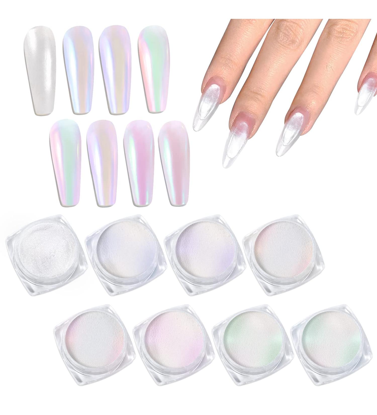 Laza White Pearl Chrome Nail Powder Set - 8 Colors Metallic Mirror Effect Pigment for Gel Nails & Resin Craft - Ice Transparent Aurora Glitter Dust Kit for Stunning Nail Art & Gifts - Buy Online on GoSupps.com