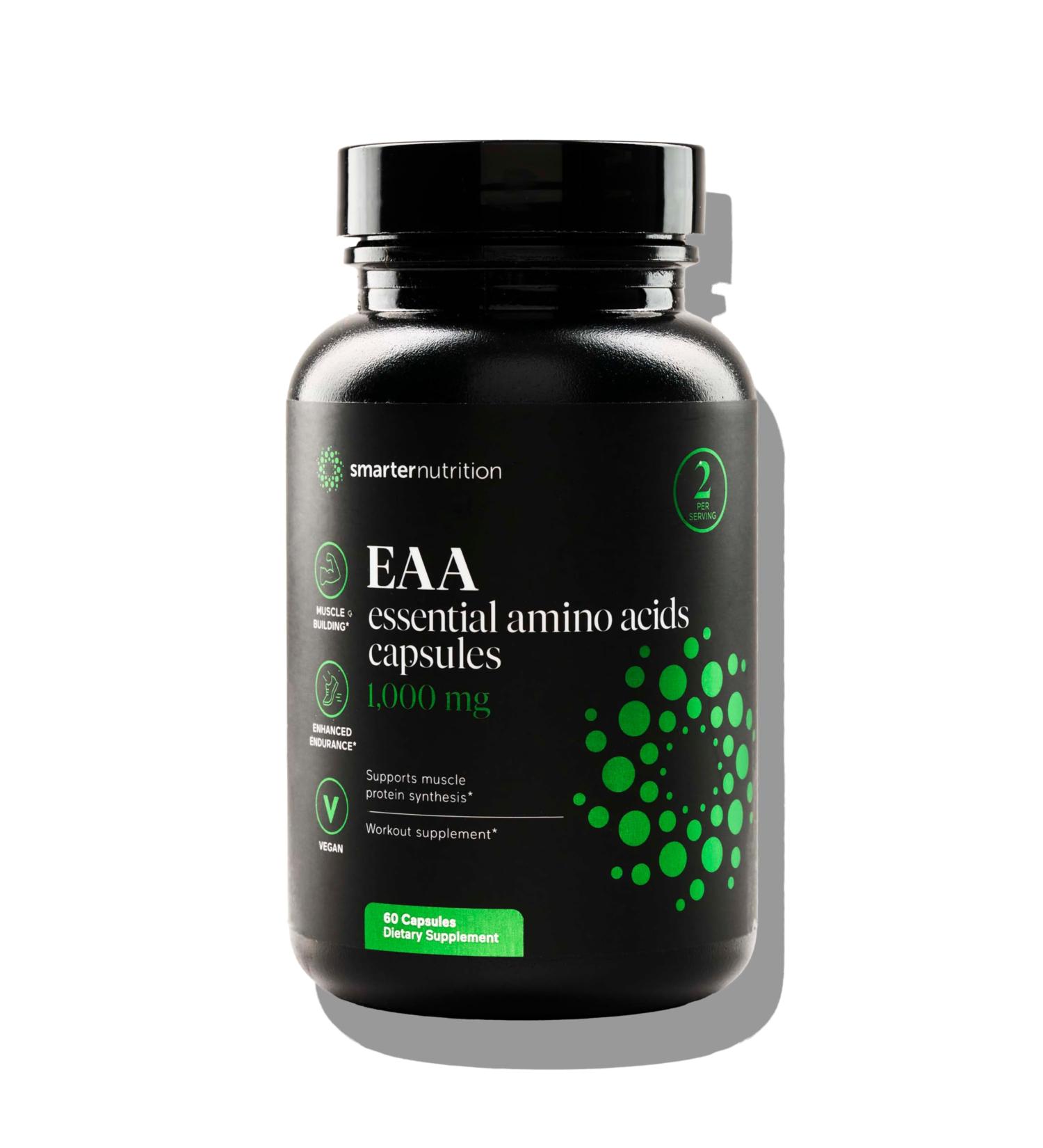 SMARTERNUTRITION Essential Amino Acids (EAA) Capsules - 1 Gram Per Serving of All 9 EAAs - Supports Muscle Mass & Exercise - Non-GMO Vegan Gluten Free - 60 Count 30-Day Supply 60 Count (Pack of 1) - Buy Online on GoSupps.com