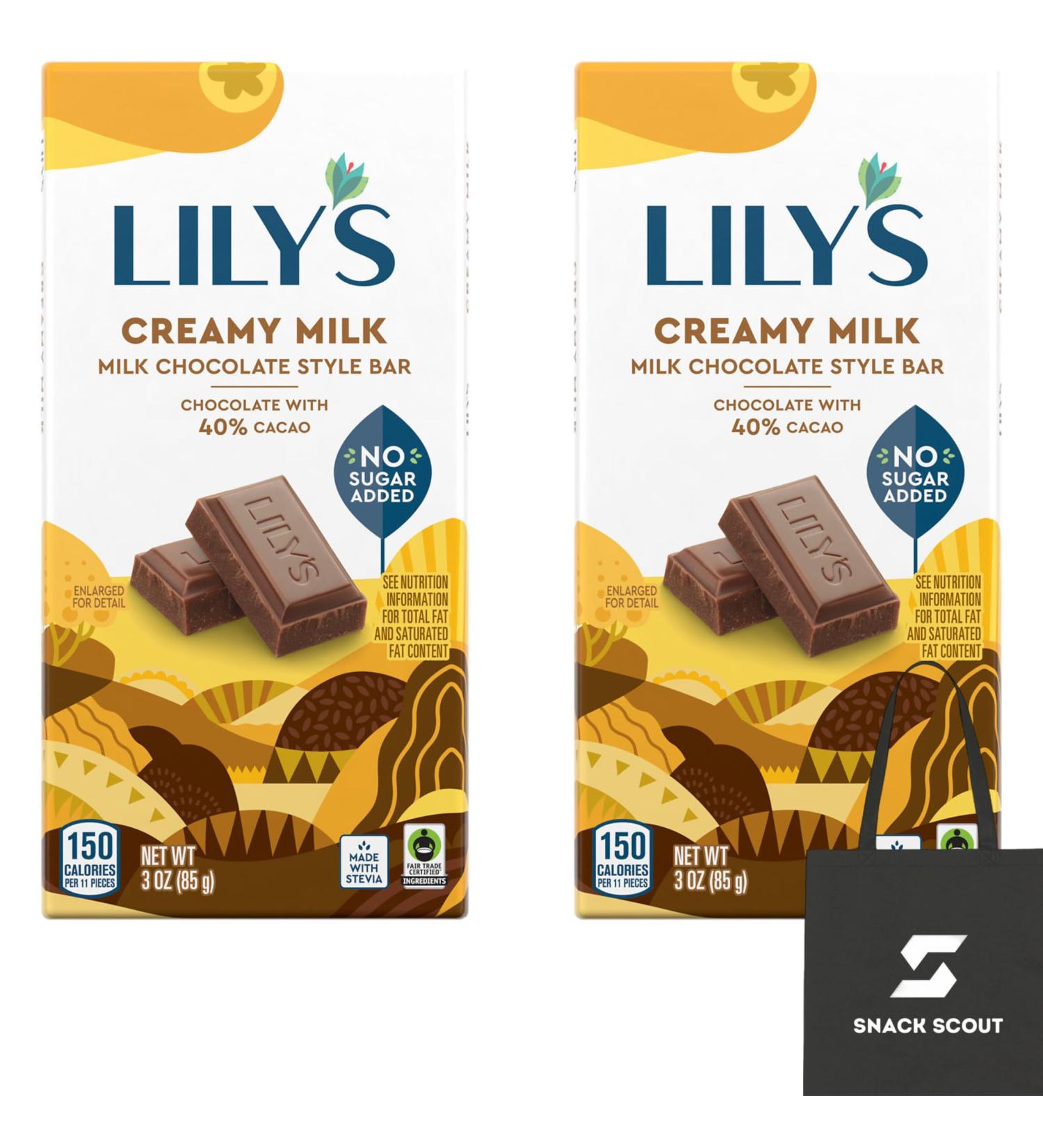 Lily's Creamy Milk Chocolate Style No Sugar Added Sweets Bar 3 oz (Pack of 2) Bundle With Snack Scout Lunch Bag - Buy Online on GoSupps.com