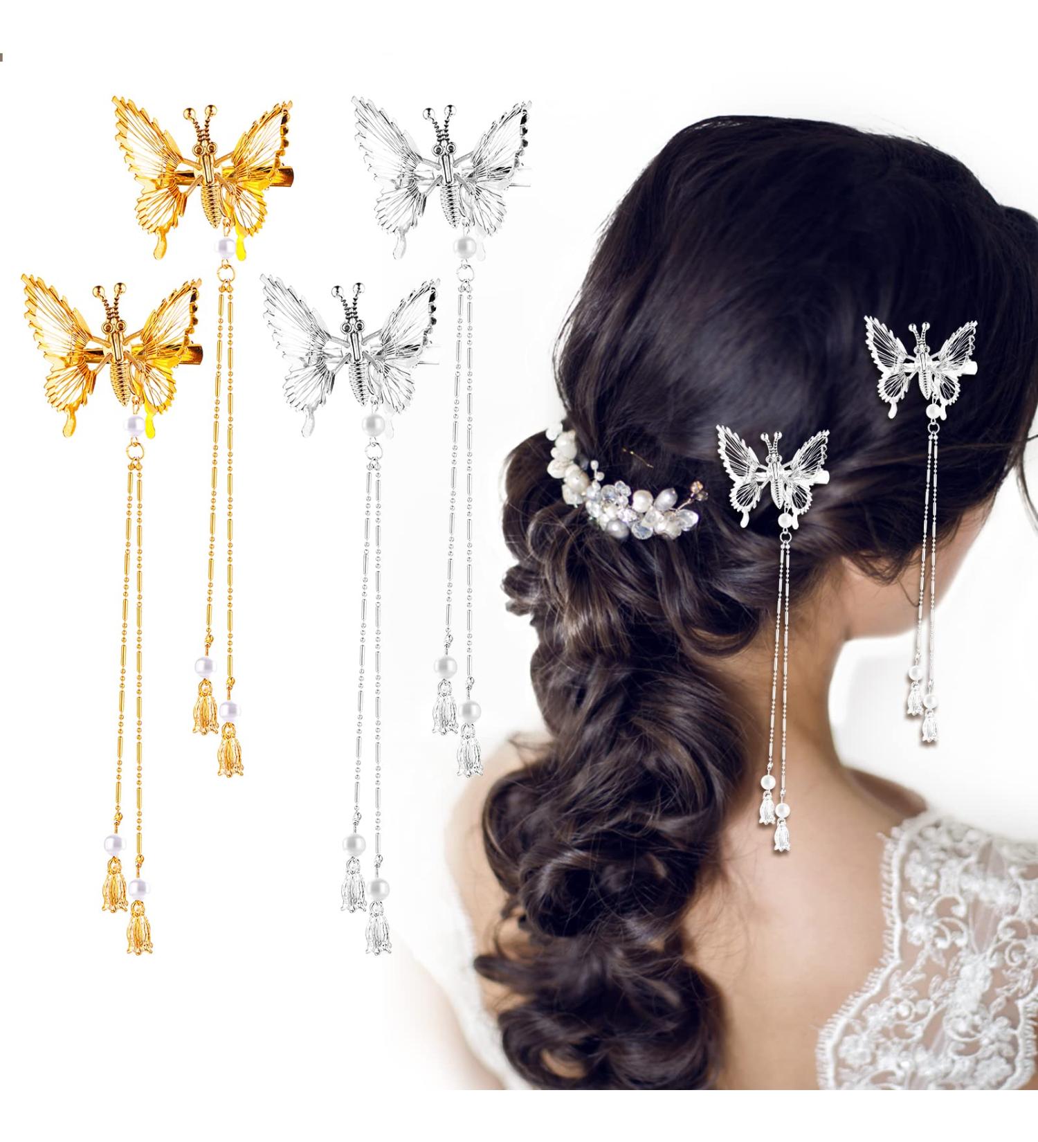 WLLHYF 4Pcs Silver Butterfly Hair Clips with Tassel - Elegant Hair Barrettes for Women, Perfect for Bride Wedding - Head Pieces Hair Accessories - Buy Online on GoSupps.com