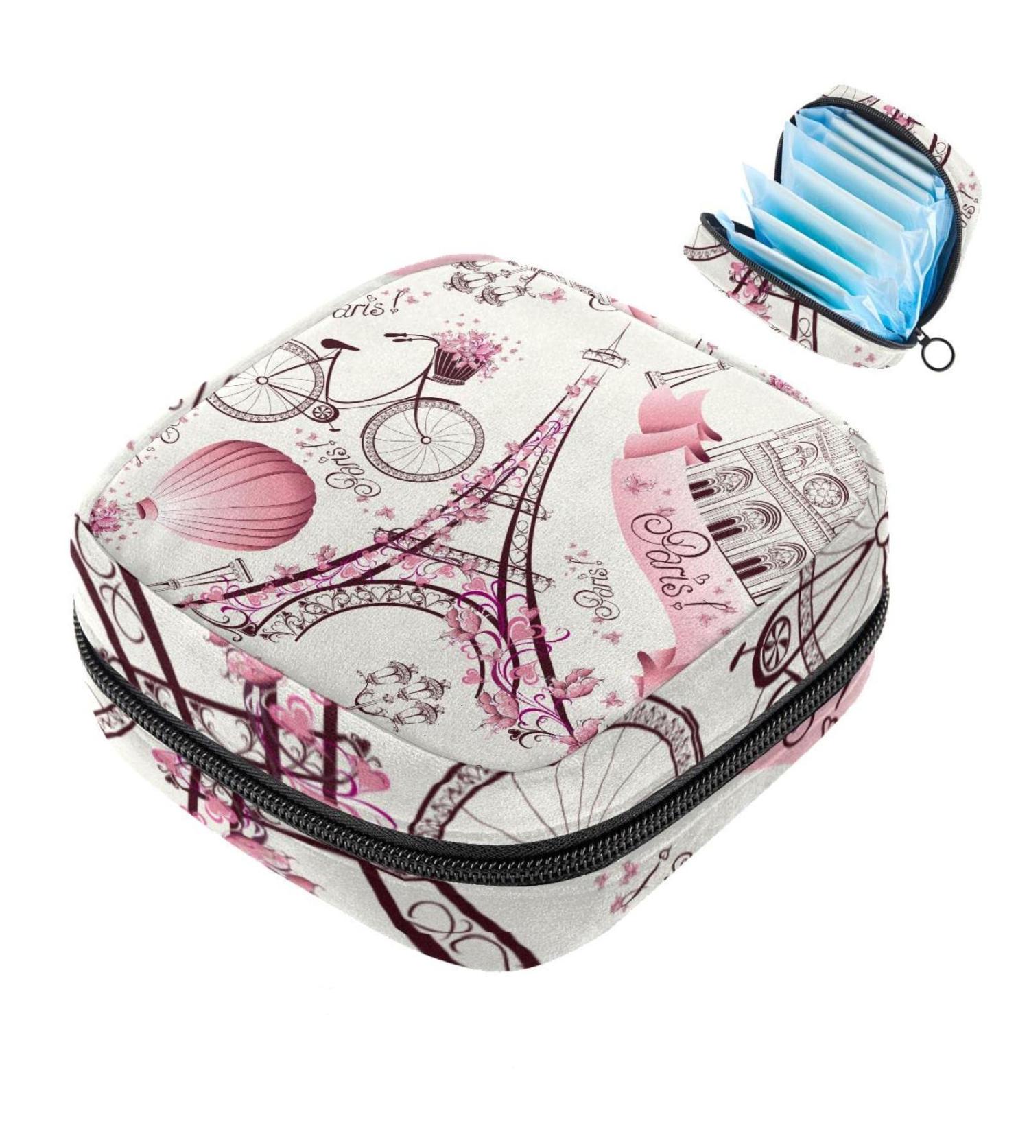 Elegant Menstruation Pad Bag with Zipper - Stylish Women s Napkin & Tampon Collection Bags | Paris Eiffel Tower Pink Retro Design - Buy Online on GoSupps.com