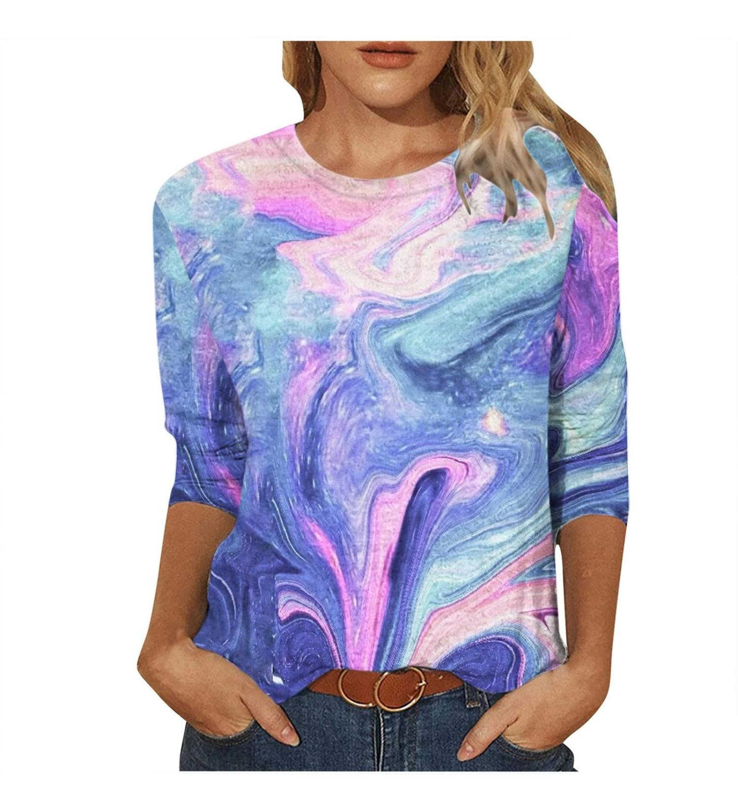 Summer Printed Workout Tops for Women | Mid-Length 3/4 Sleeve Blouse | Casual Round Neck Pullover - Medium Purple - Buy Online on GoSupps.com