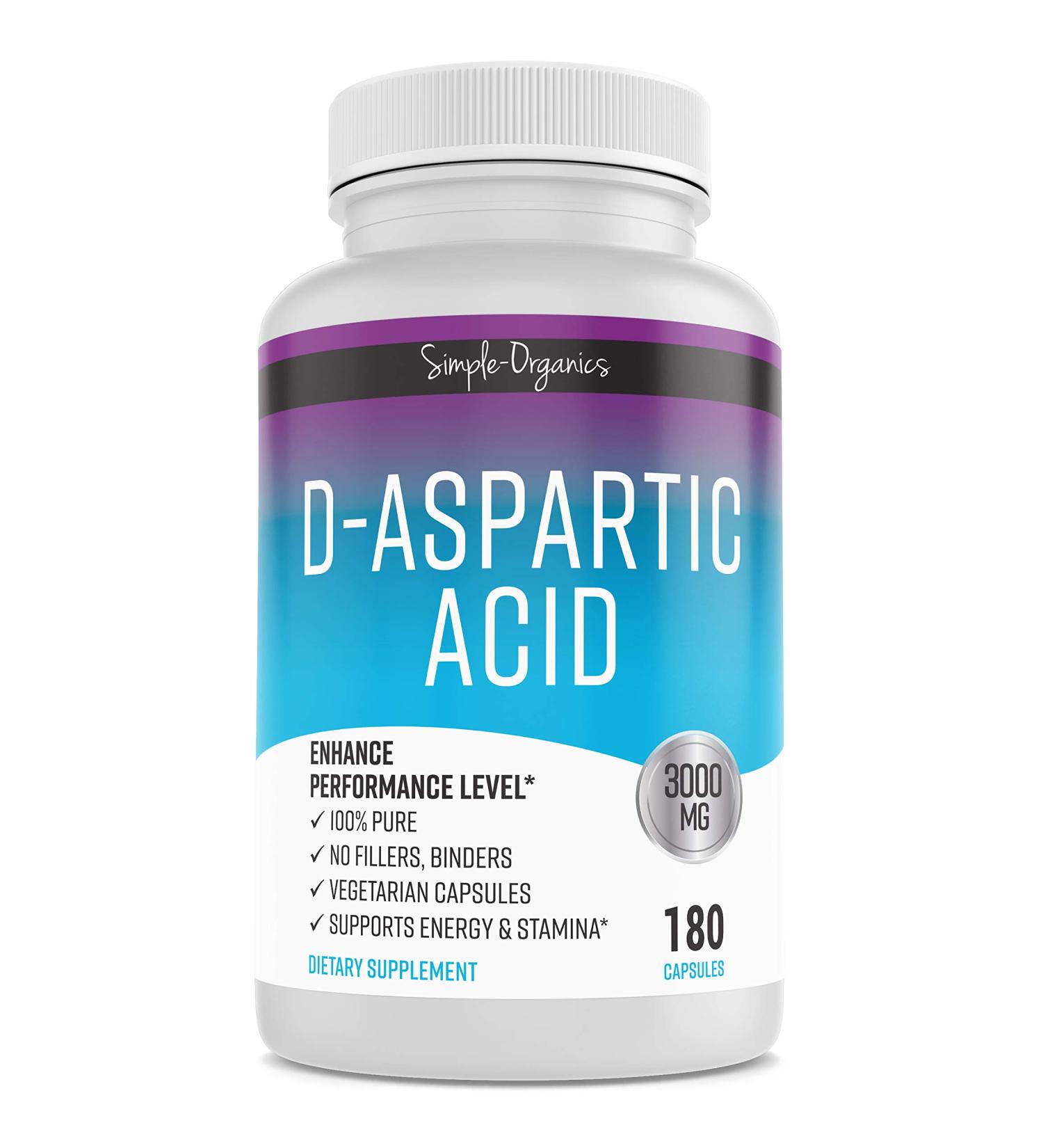 Simple-Organics D-Aspartic Acid Supplement, No Gluten, Binders or Fillers, Dietary Pills for Energy Support, 3000mg D-Aspartic Acid per Serving, 180 Non-GMO Vegan Capsules