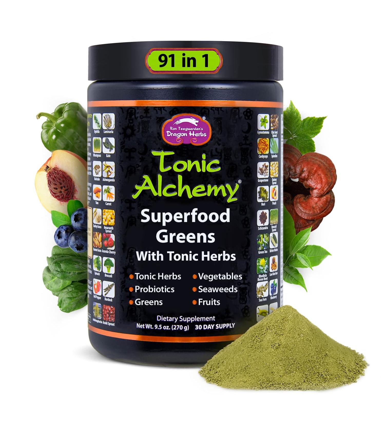 Dragon Herbs Tonic Alchemy Superfood Greens Powder with 91 Ingredients: Tonic Herbs, Ashwagandha, Mushrooms, Probiotics, Super Greens, Seaweeds, Fruits, Vegetables, Spirulina - 30 Servings 9.5 Ounce (Pack of 1) - Buy Online on GoSupps.com