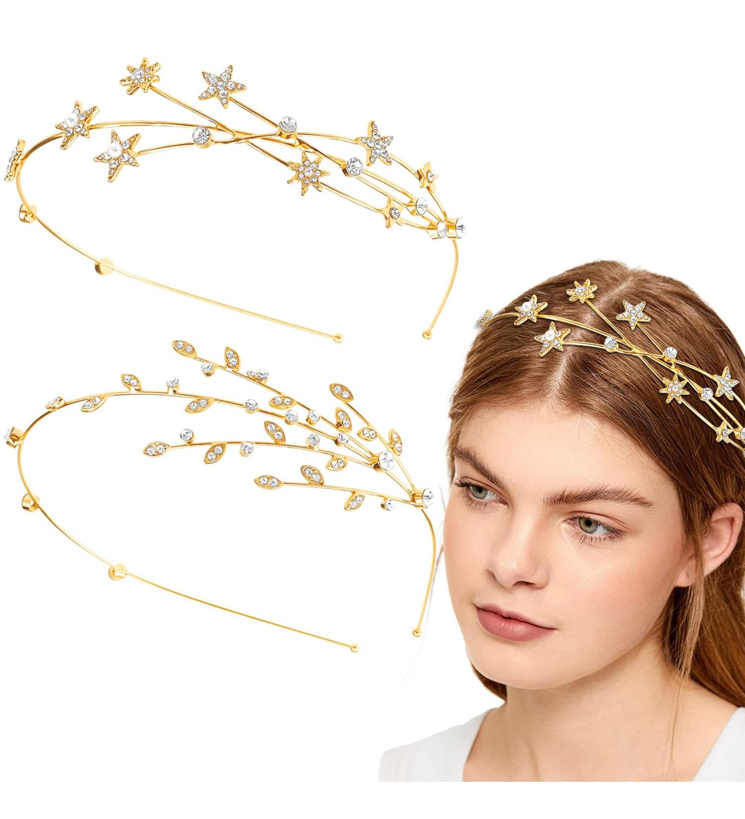 Gold Rhinestone Five-pointed Star Headband Set for Wedding Hair - Elegant Women's Bridal Hair Accessories - Buy Online on GoSupps.com