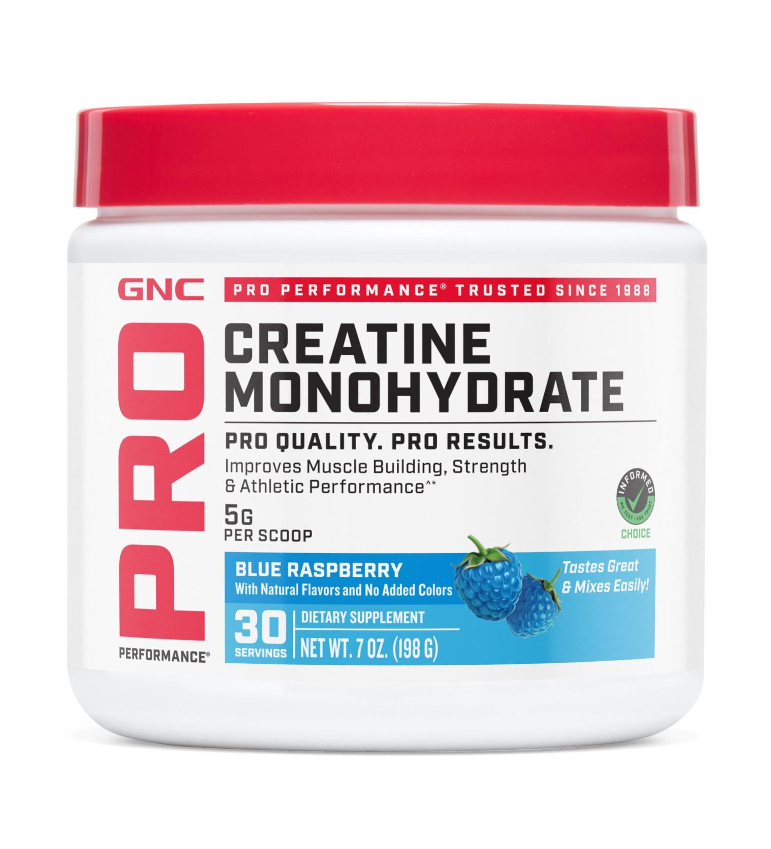 GNC Pro Performance Creatine Monohydrate Powder for Women & Men 5g Creatine Per Serving Muscle Building Energy Production Endurance Performance Blue Raspberry 50 Servings