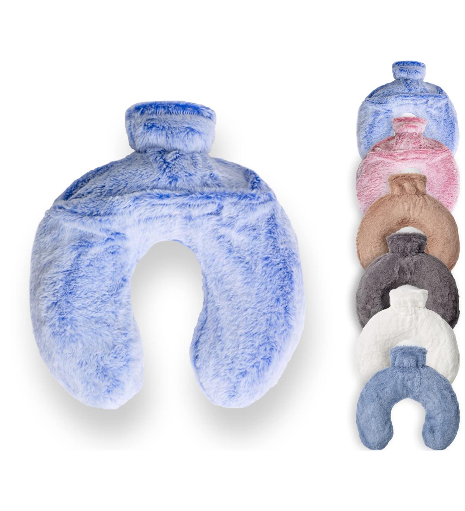 Plush Faux Fur Luxury Hot Water Bottle | Soft U Shape Neck Wrap | 1.8L Capacity | Cosy Fluffy Fleece Cover | Sky Blue - Buy Online on GoSupps.com