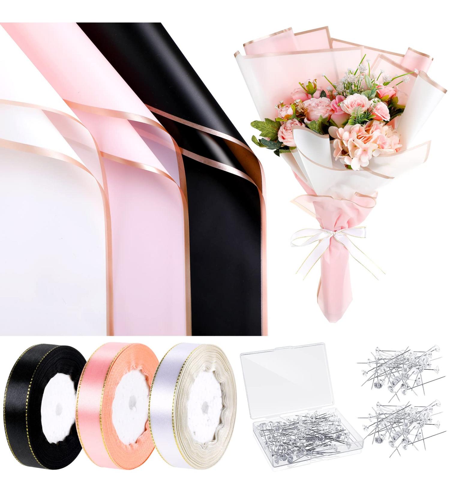 60 Sheets Waterproof Flower Wrapping Paper with Ribbons, Bouquet Pins - Ideal for Mother's Day, Valentine's Day, Weddings - 3 Colors Available - Buy Online on GoSupps.com