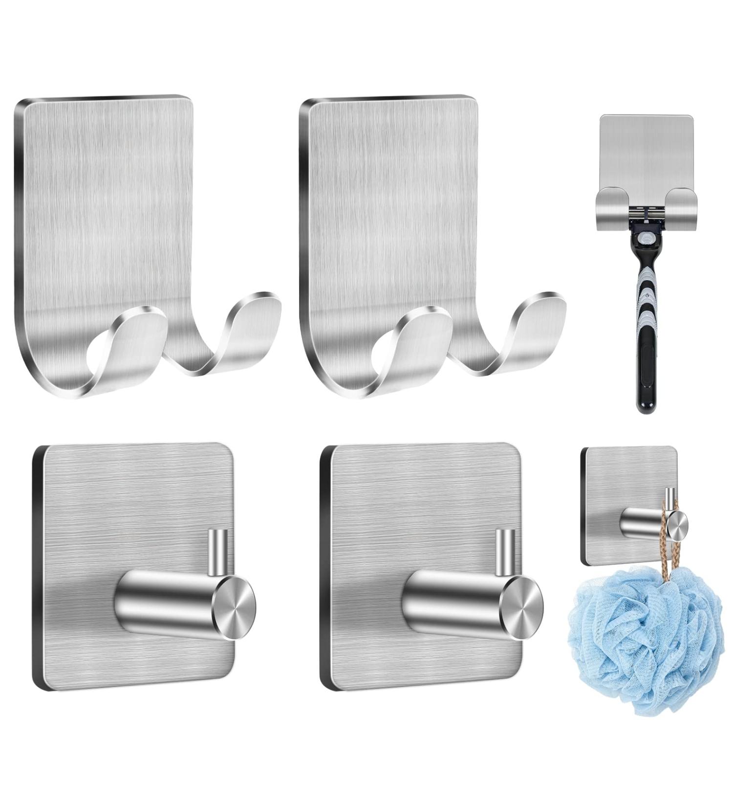 CGBE 4-Piece Stainless Steel Razor Holder & Towel Hooks Set - No Drilling Self-Adhesive Bathroom Organizer - Silver - Buy Online on GoSupps.com