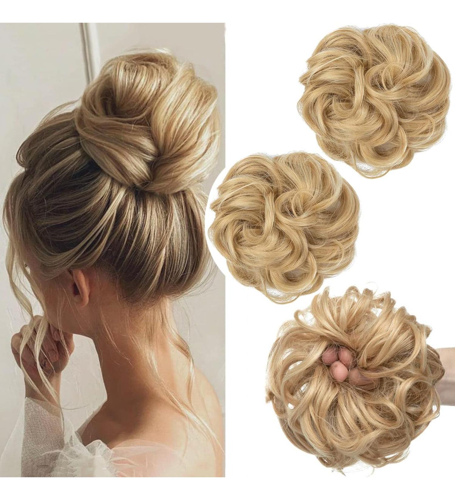 2-Piece Blonde Messy Hair Bun Extensions for Women and Girls - Curly Wavy Hair Scrunchies - Easy Updo Chignons - Synthetic Donut Hair Pieces - 24 - Buy Online on GoSupps.com