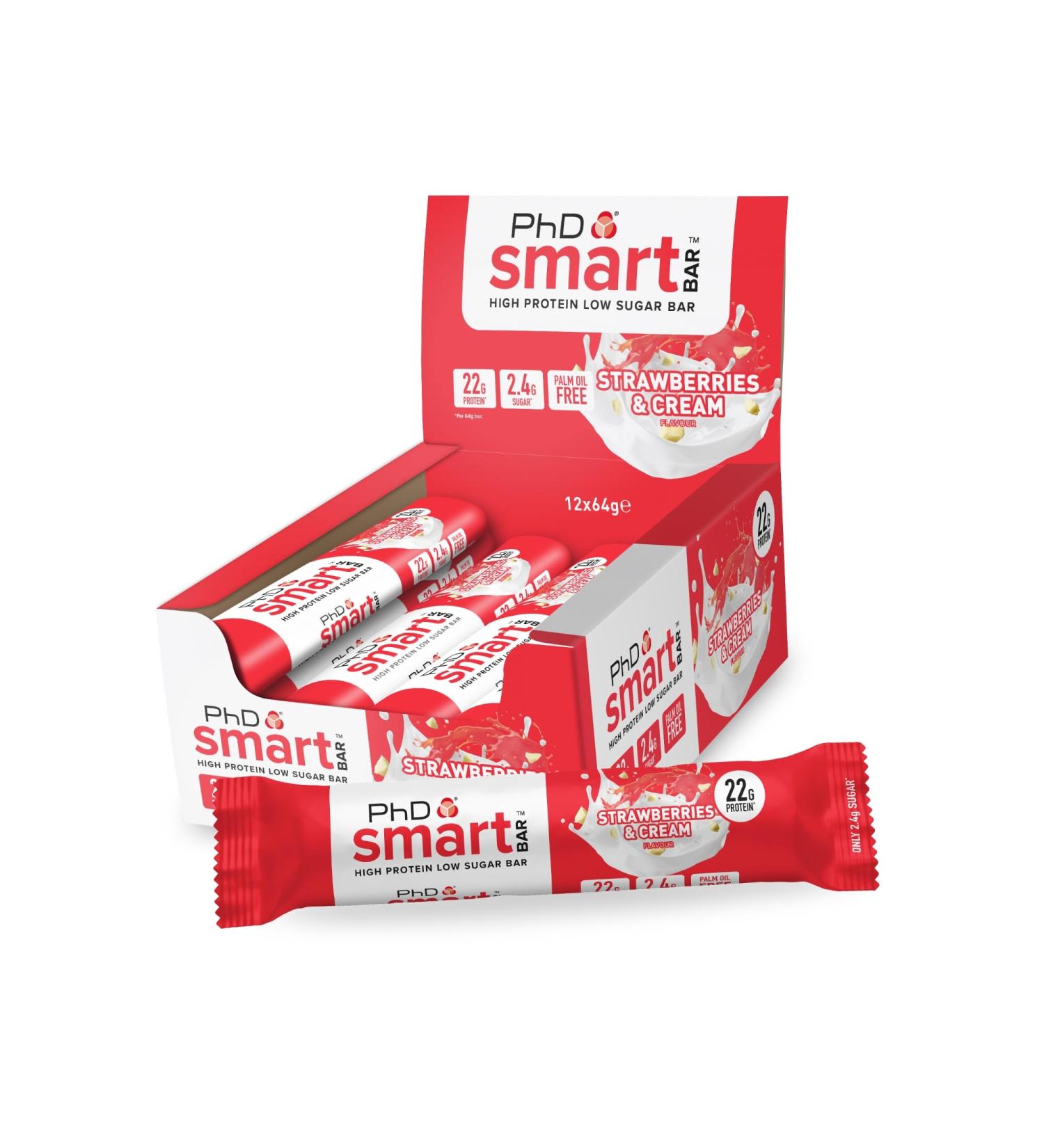PhD Nutrition Smart Protein Bar Low Calorie Nutritional Protein Bars / Protein Snacks High Protein Low Sugar Strawberries and Cream Flavour 20g of Protein 64g Bar (12 Pack) Strawb And Cream 12 Bars - Buy Online on GoSupps.com
