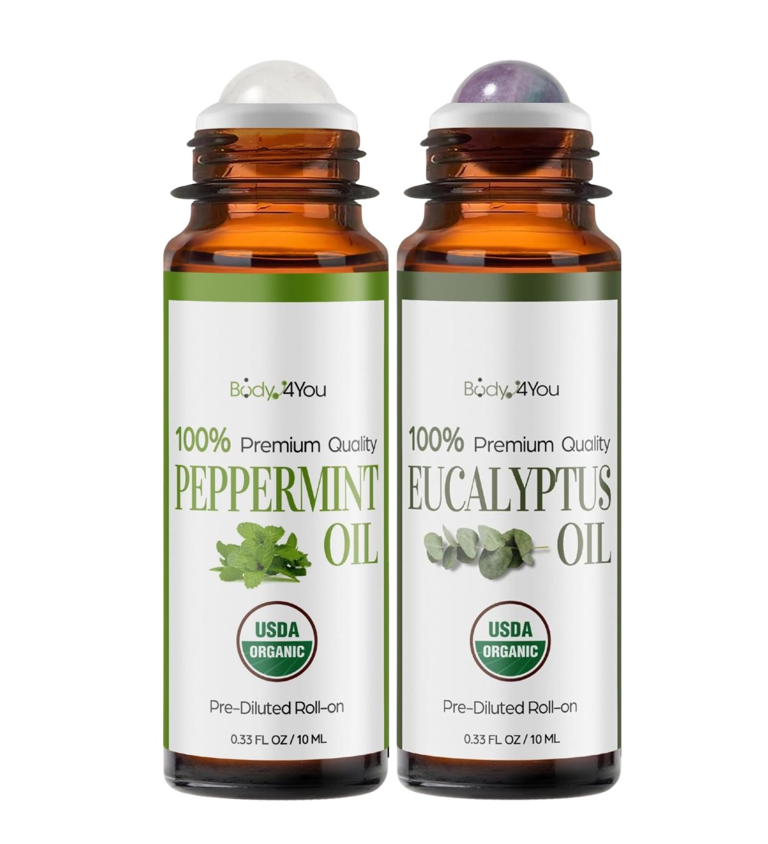 BodyJ4You Peppermint + Eucalyptus Essential Oil Roll On Duo - Pure 100% USDA Organic MCT Coconut Oil - Clear Quartz and Fluorite Stone Rollers - Cooling Focus Breathwork Temples Neck Chest Wrist - Amb