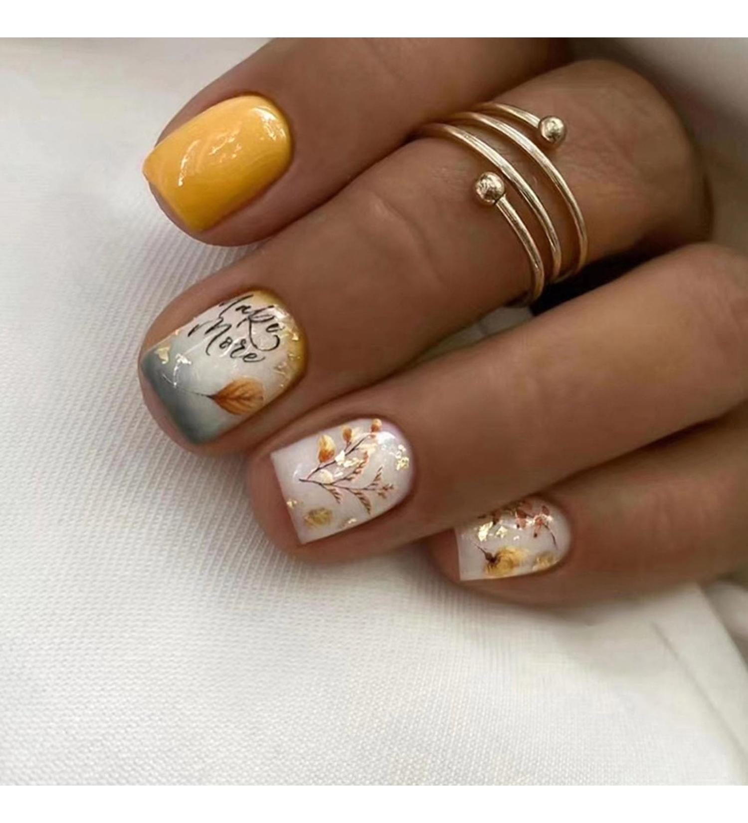 Shop 24pcs Acrylic Press-on Nails - Square Short Fake Nails with Glossy Letter & Leaves Designs | Fall Winter Yellow Full Cover for Women - Buy Online on GoSupps.com