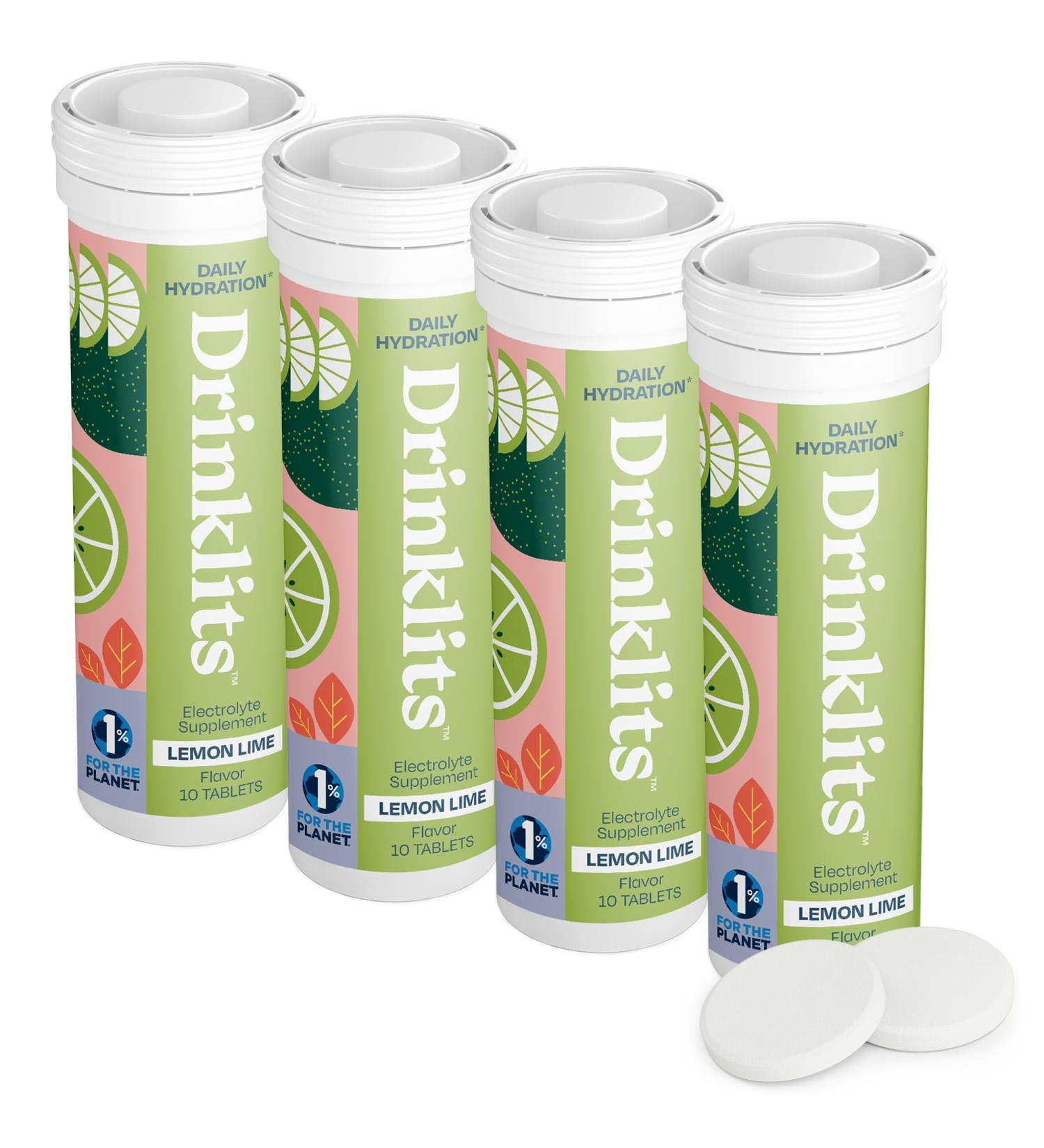 Drinklits Lemon-Lime Daily Hydration Tablets (4) Tube Bundle | Natural Flavor - 0g Sugar Travel Essential | 40 Servings - 10 Tablets Per Tube Lemon Lime 10 Count (Pack of 4)