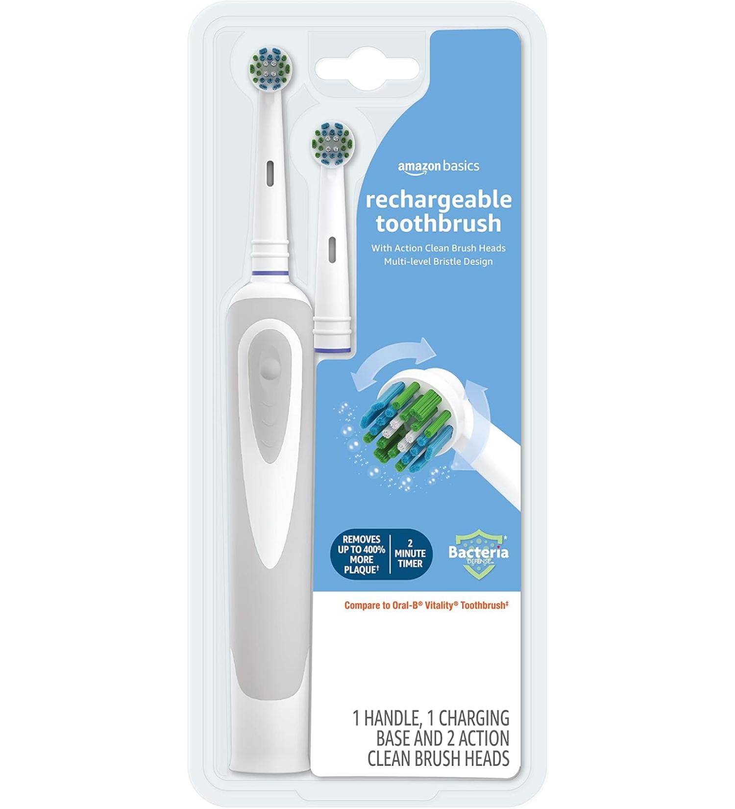 Amazon Basics Battery Powered Rechargeable Toothbrush with Action Clean Brush Heads and Charger - 4 Piece - White - Buy Online on GoSupps.com