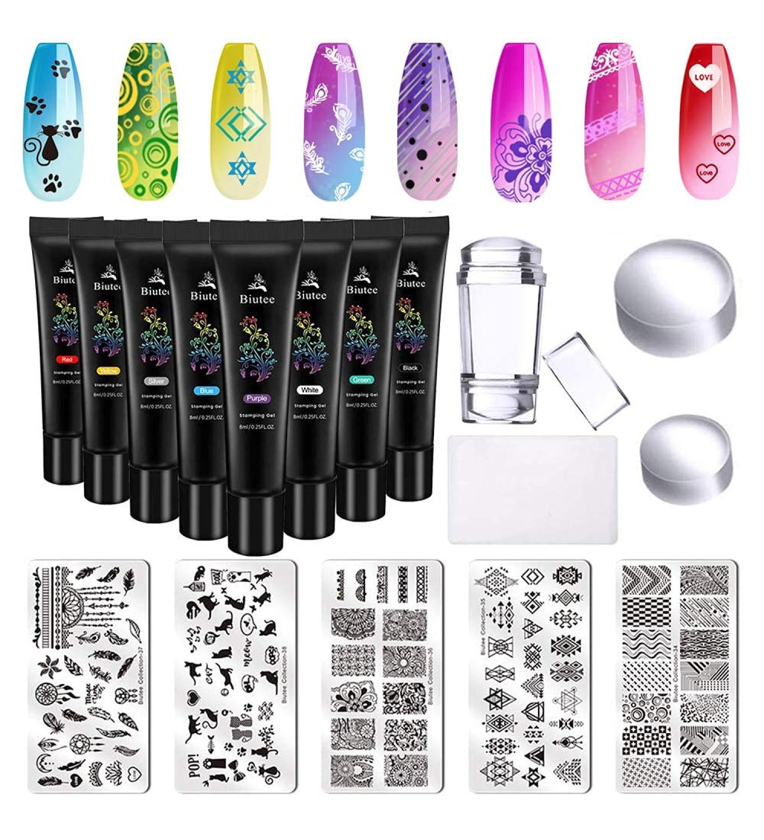Biutee Nail Stamping Plates Set - 5 Plates, 8 Stamping Polish Gels, Double-Head Stamper, Scrapers - Nail Art Kit with Leaves, Flowers, Animals Templates - Buy Online on GoSupps.com