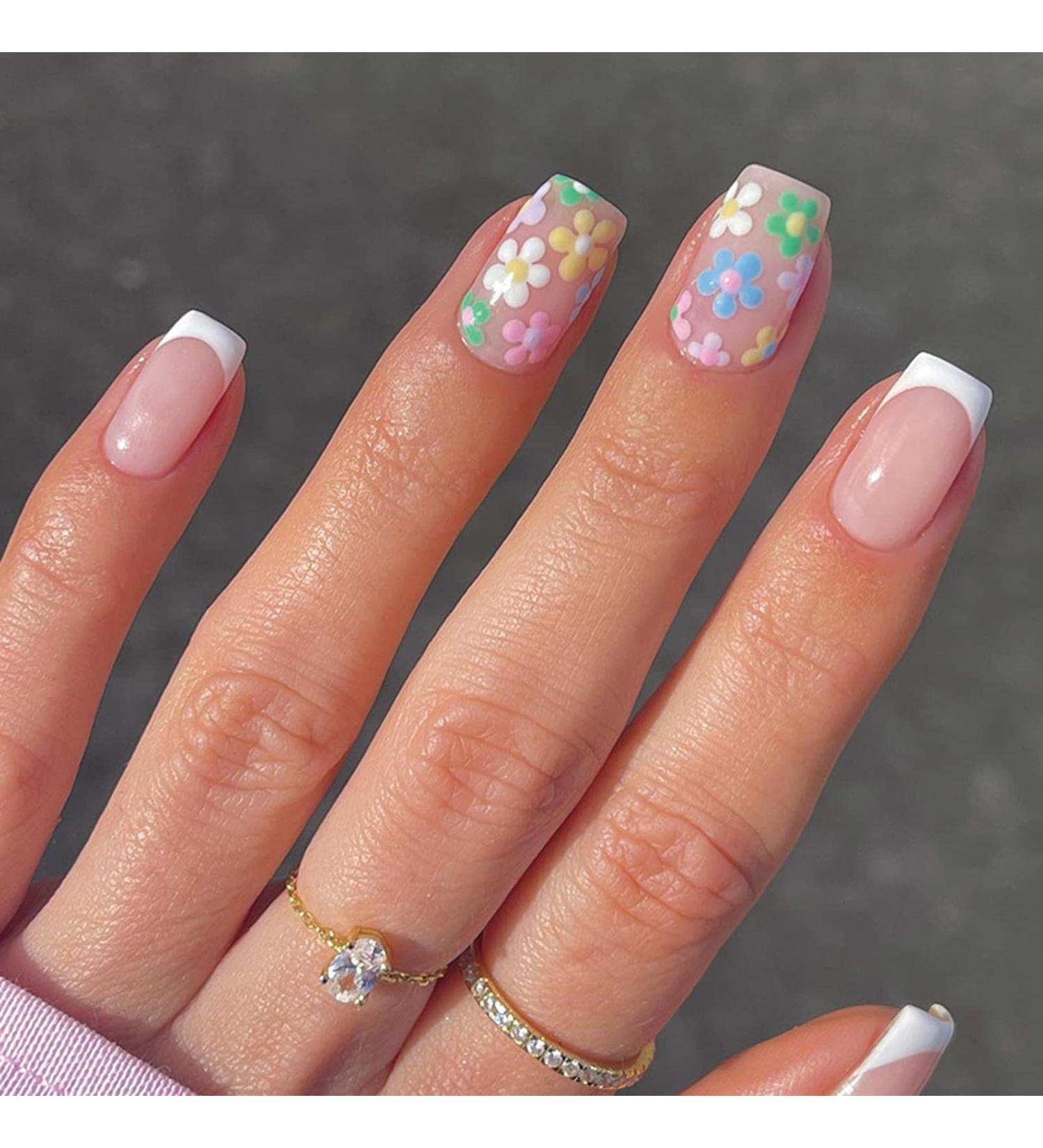 Square French False Nails 24Pcs with Flower Pattern - Short Acrylic Stick on Nails for Women - Black Gradient Fake Nails - Buy Online on GoSupps.com