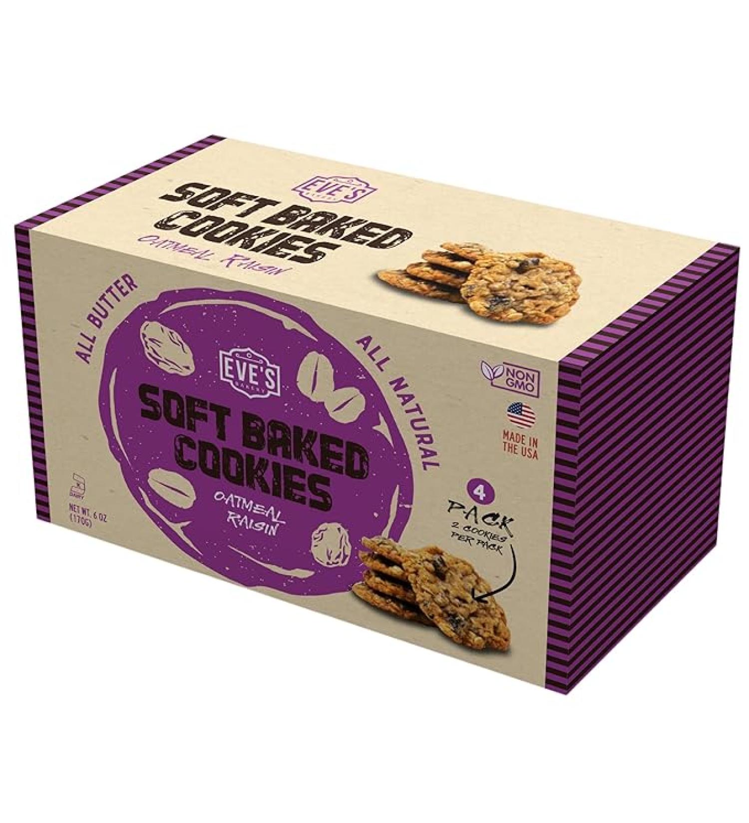 Eve's Bakery Soft Baked Cookies Non-GMO Snacks All-Natural Ingredients 4 packs of 2 cookies Portion Wrapped for Maximum Freshness Oatmeal Raisin - Buy Online on GoSupps.com