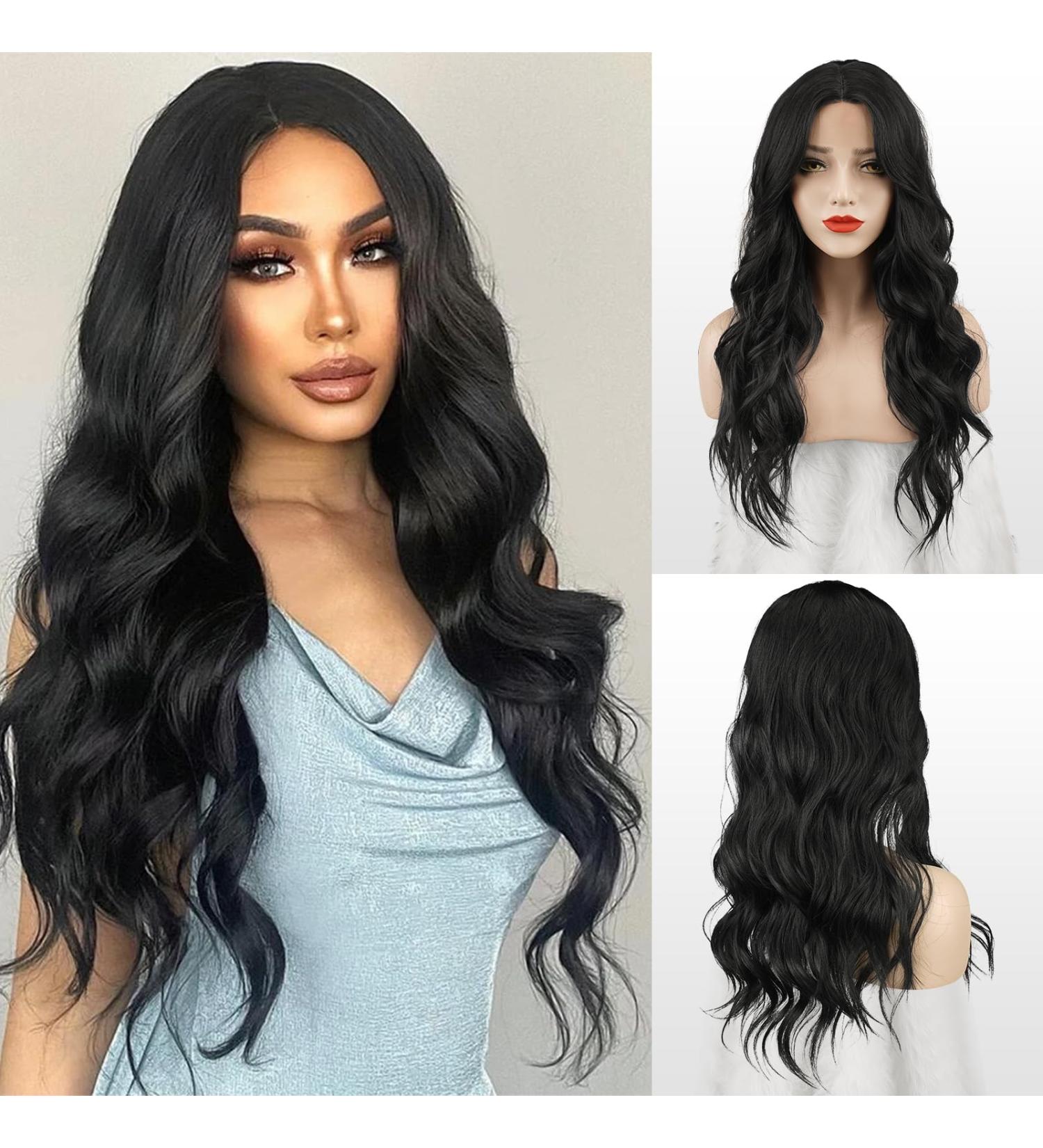 Fine Long Wavy Black Lace Front Wig for Women | Natural 65 cm Synthetic Hair Waves - Buy Online on GoSupps.com
