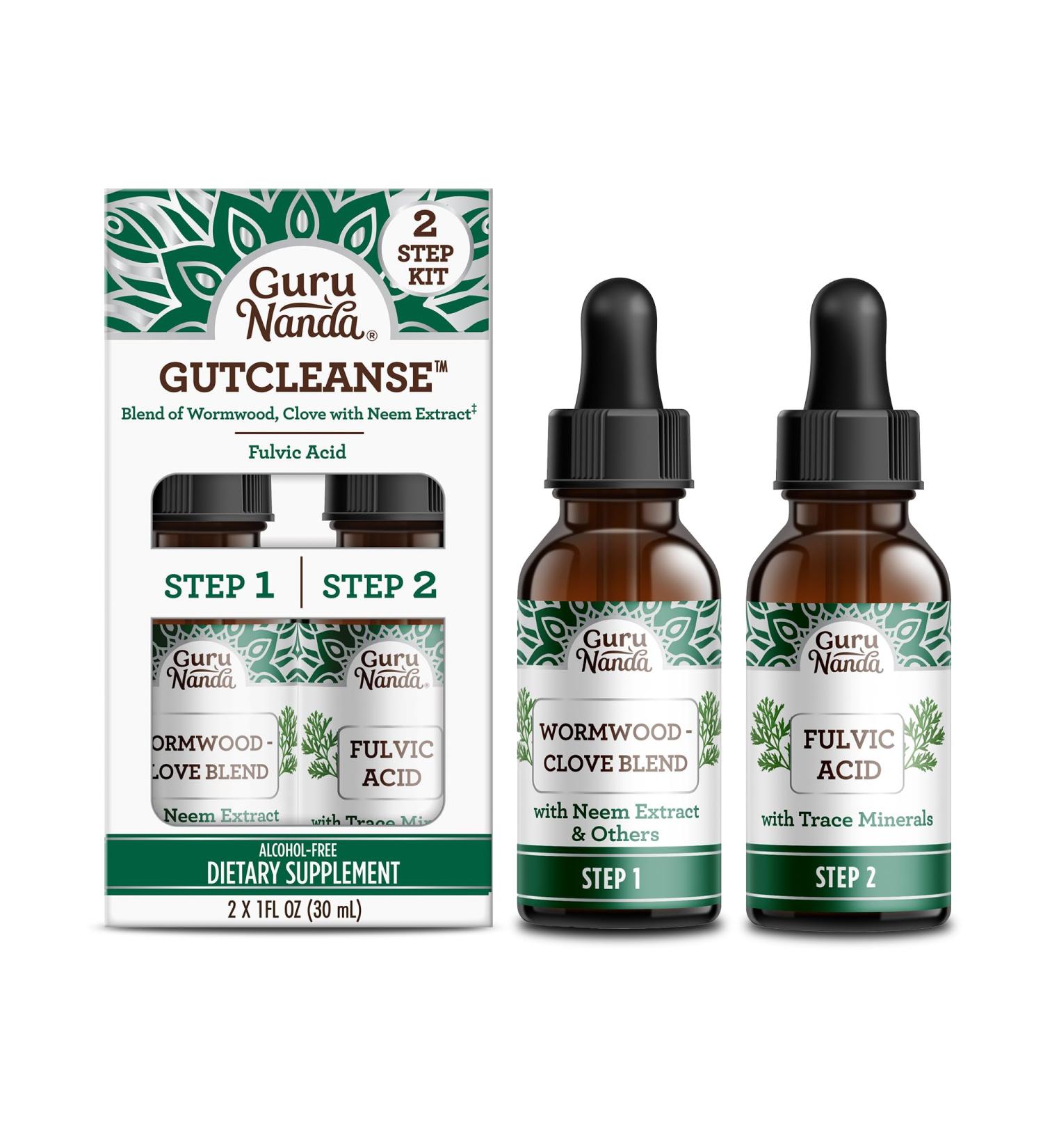 GuruNanda Gutcleanse 2-Step Kit - Dietary Supplement to Help with Digestion - Blend of Fulvic Acid Wormwood Clove & Neem Extract 2x1 FlOz 2 Fl Oz (Pack of 1) - Buy Online on GoSupps.com
