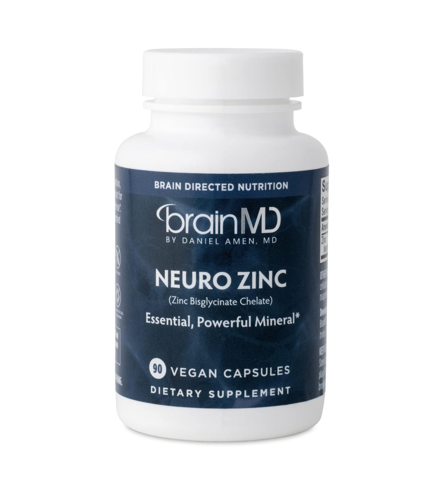 Dr. Amen BrainMD Neuro Zinc | 90 Capsules | 25mg Zinc Bisglycinate Chelate | Gluten Free | 90 Servings - Buy Online on GoSupps.com