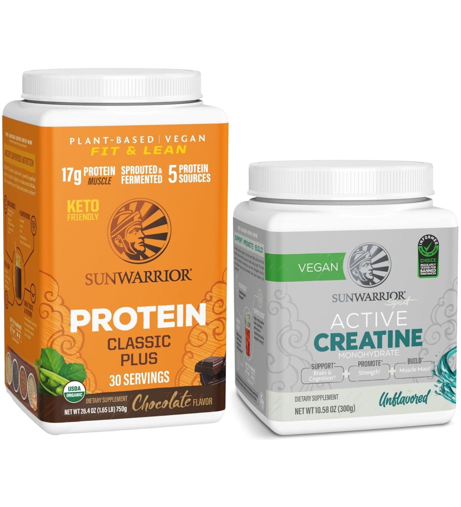 Creatine Powder & Chocolate Classic Plus Organic Protein Powder Set | Bundle & Save | Vegan Protein Superfood Blend plus Unflavored Creatine Monohydrate (60 Servings Unflavored 30 Servings Chocolate) - Buy Online on GoSupps.com