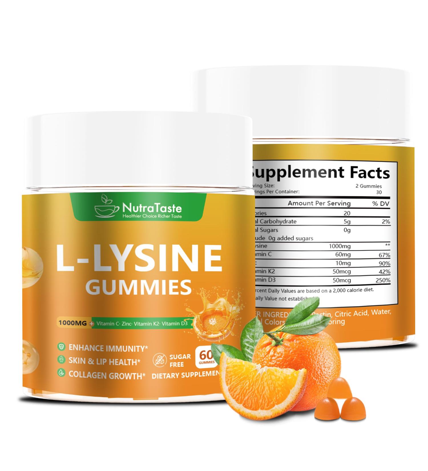 L-lysine Gummies 1000mg, Chewable Lysine Supplement with Vitamin C, D3, K2 & Zinc, Enhance Immunity, Lips & Skin Health, Collagen Growth, Sugar-Free, Gluten-Free, 60 Count (Pack of 2) - Buy Online on GoSupps.com
