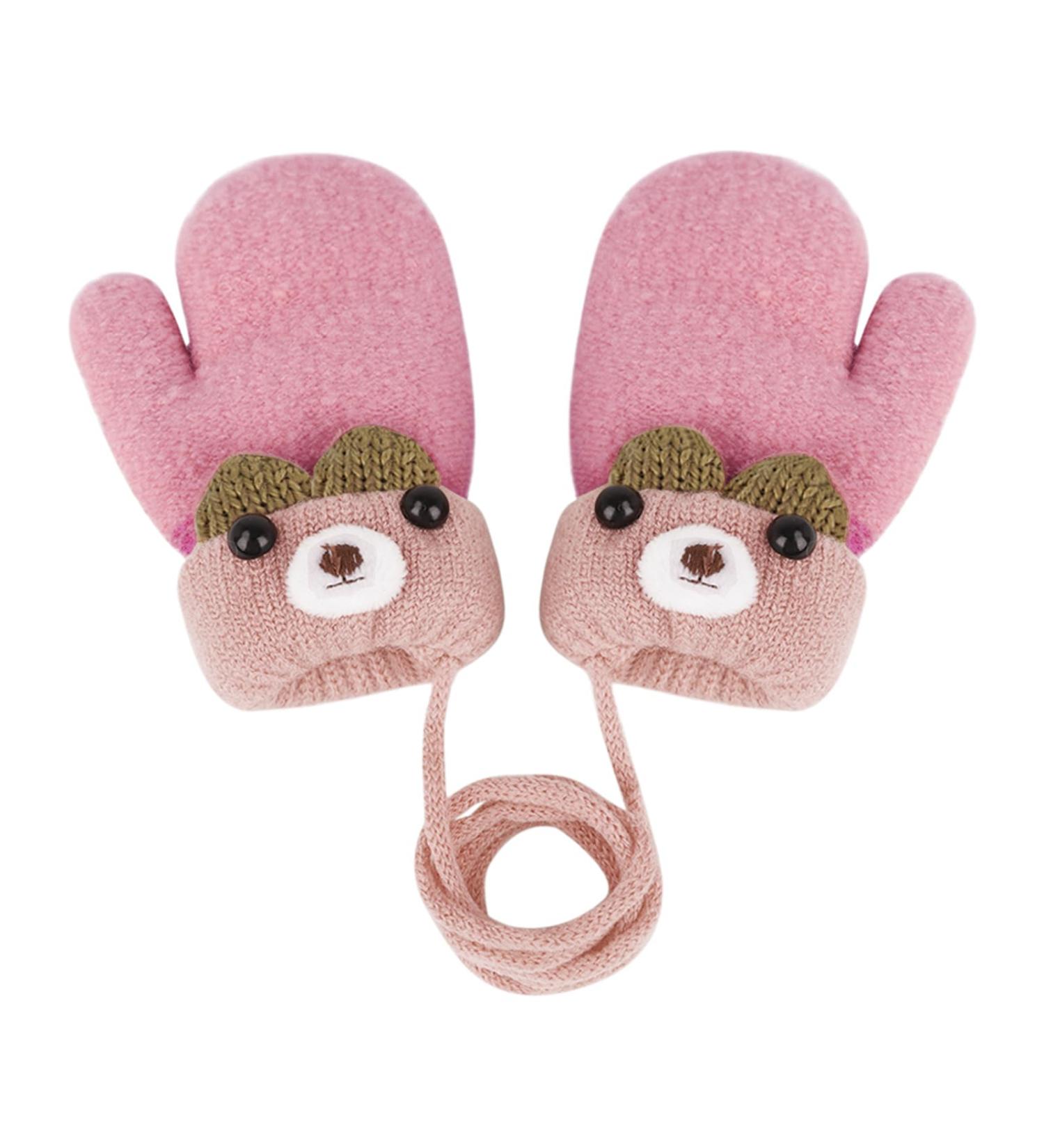 Infant Toddlers Winter Mittens with Cute Cartoon Design - Dual Layers Plush Padded Knitted Gloves for Baby Girls Boys 0-3 Years - Light Watermelon Red - Buy Online on GoSupps.com