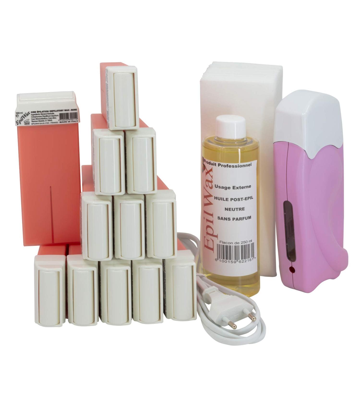 EpilWax Complete Hair Removal Waxing Kit - 12 Rose Wax Roll-on Cartridges and Heater Set with 100 Strips and Waxing Oil - 113 Piece Kit - Buy Online on GoSupps.com
