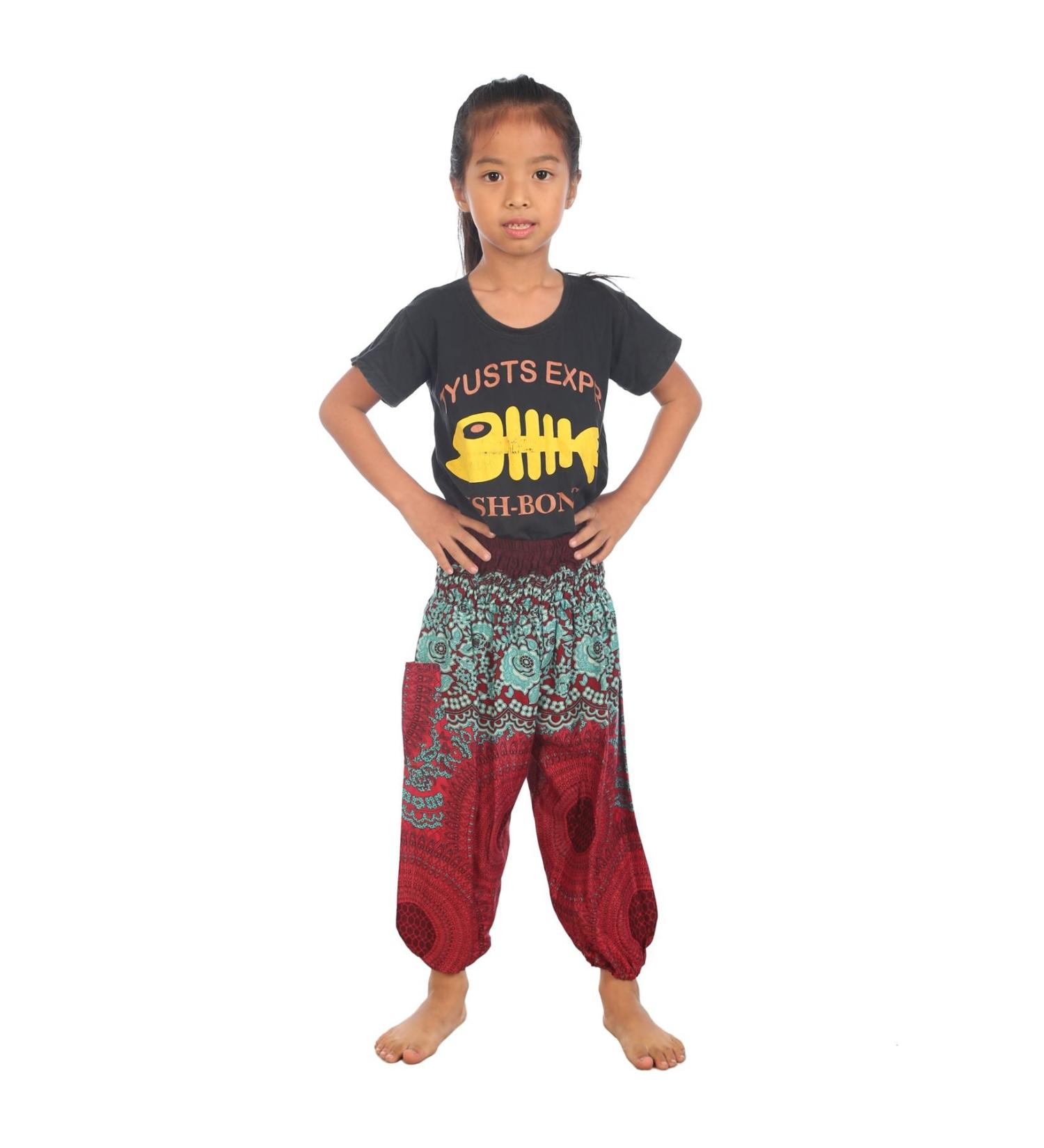 Lofbaz Children Hippy Thai Harem Aladdin Pirate Kids Pants 6-9 Months - Rose Flower Burgundy | Bohemian Baggy Colorful Design - Buy Online on GoSupps.com