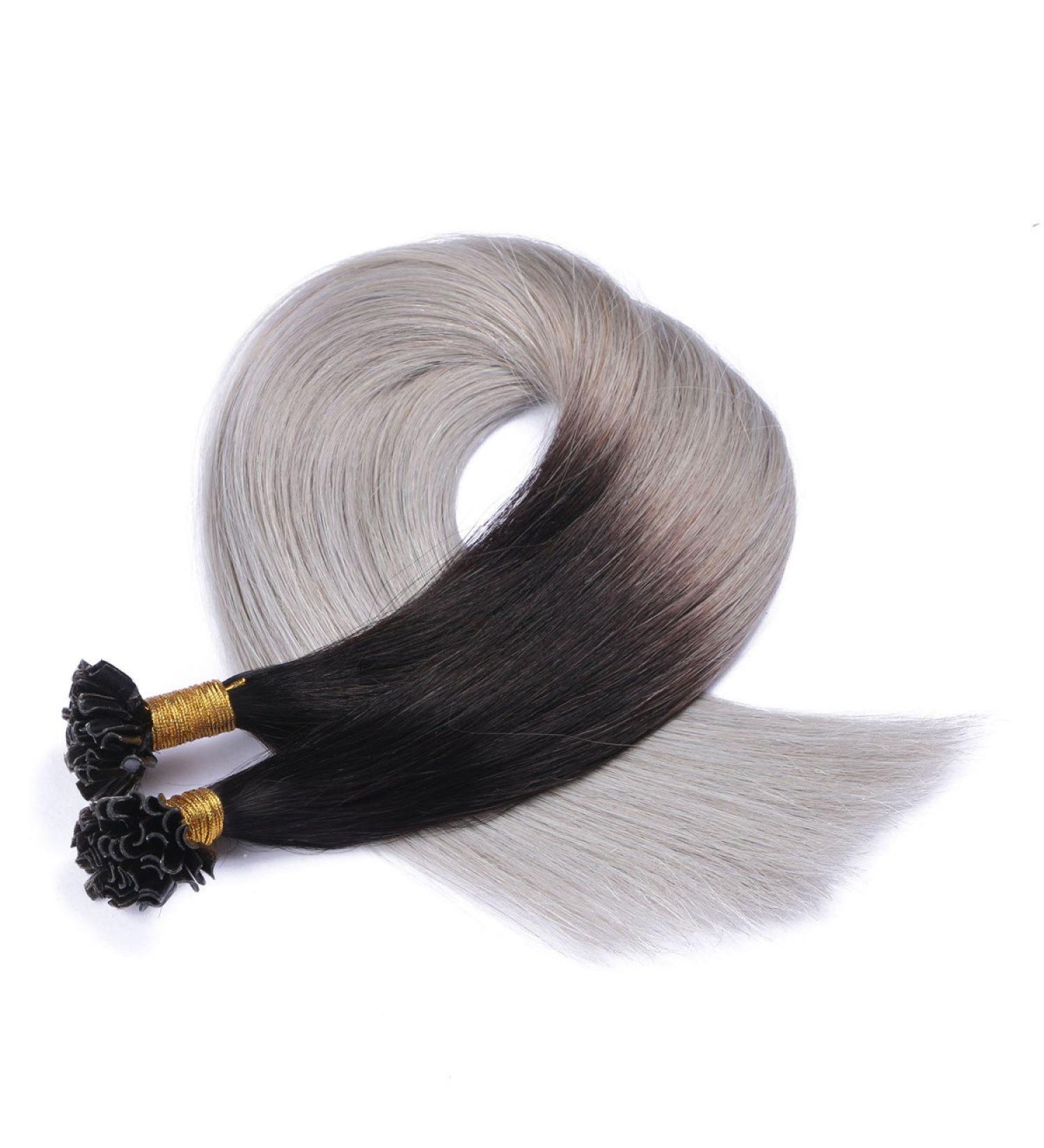 Keratin Bonding Hair Extensions - #1B/Silver Ombre 40cm 100 Strands 100% Remy Real Hair - U-Tip Extensions by Novon Hair Extent - Buy Online on GoSupps.com