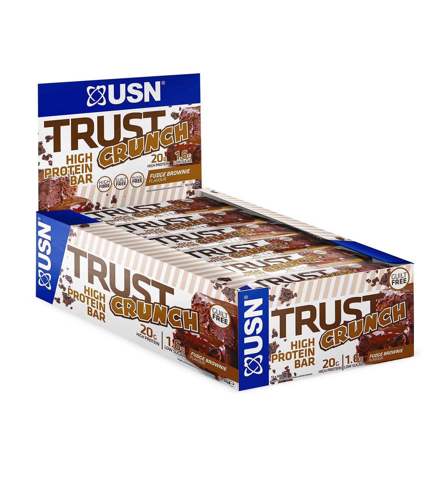 USN Trust Crunch Fudge Brownie Protein Bars - 20g Protein, Indulgent & Filling Snacks (12 x 60g Bars) - Buy Online on GoSupps.com