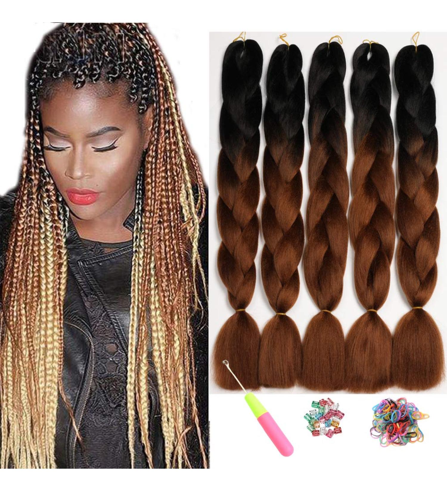 Showjarlly Jumbo Braid Hair Extensions - 24-Inch Ombre Kanekalon Braid (5 Pack) for Crochet & Box Braids - Black/Dark Brown - Buy Online on GoSupps.com