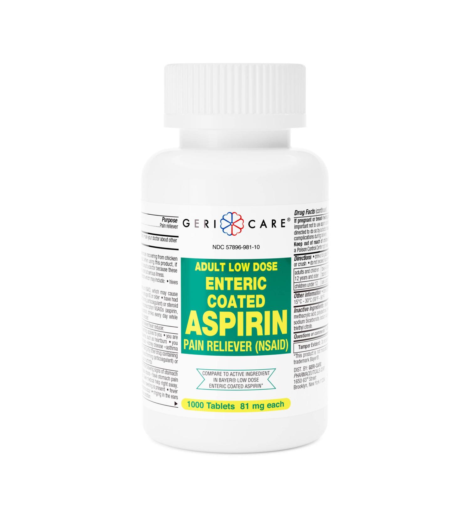 GeriCare Low Dose Enteric Coated Aspirin 81mg - Pain Reliever 1000 Count | International Shipping Available - Buy Online on GoSupps.com