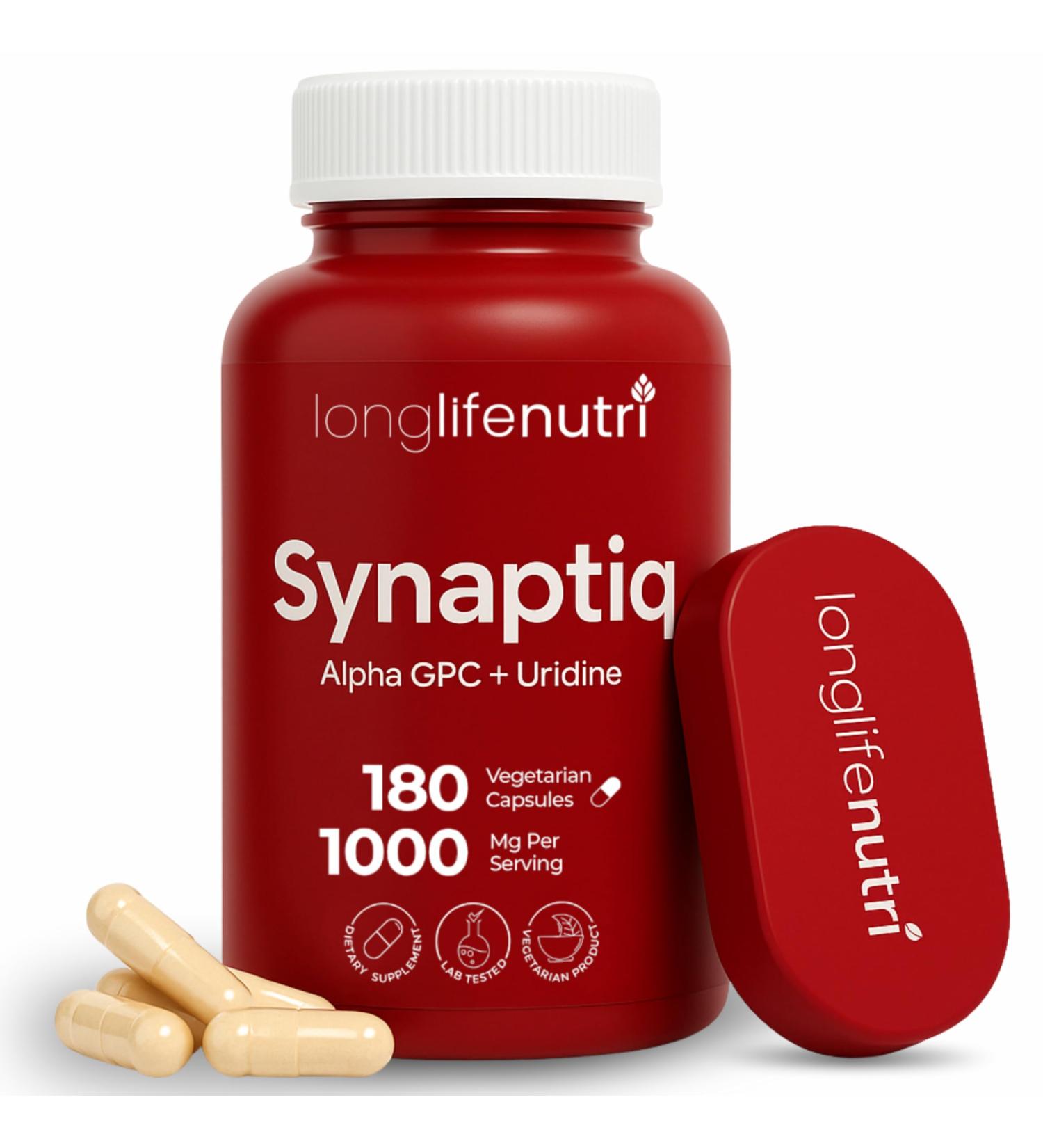 Synaptiq 1000mg (Alpha GPC + Uridine Monophosphate 600mg/400mg) - Nootropic Choline Supplement 180 Vegetarian Capsules 3-Month Supply For Focus & Productivity GMP Certified Made in USA 180 Count (Pack of 1) - Buy Online on GoSupps.com
