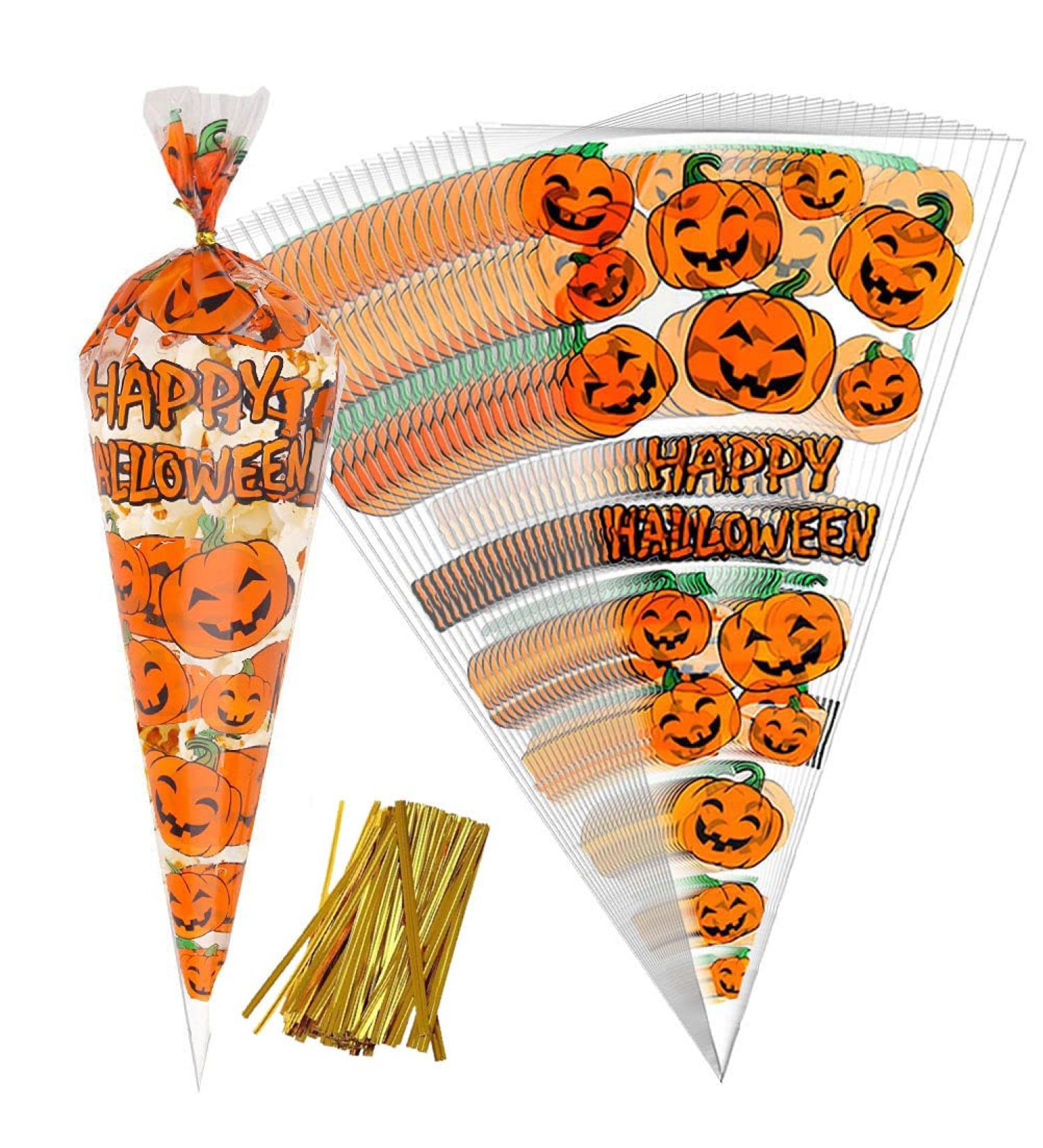 VDL Pack of 100 Halloween Sweet Cones Pumpkin themed Clear Treat Bags with Twist Ties (16x30cm) - Buy Online on GoSupps.com