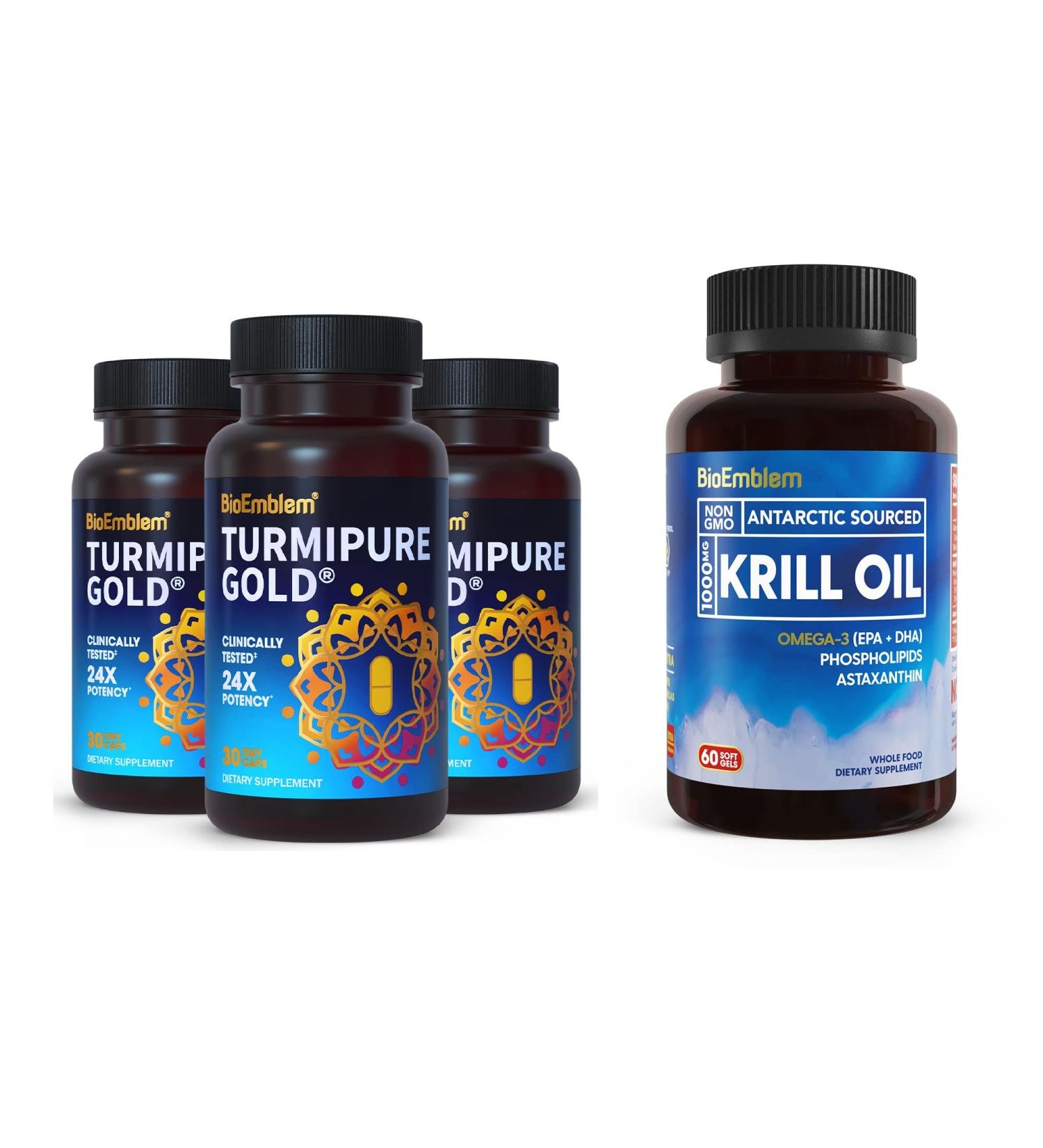 BioEmblem Antarctic Krill Oil Supplement Turmeric Curcumin with Clinically Studied TurmiPure - Joint Support Healthy Inflammation Turmeric Supplements - Buy Online on GoSupps.com