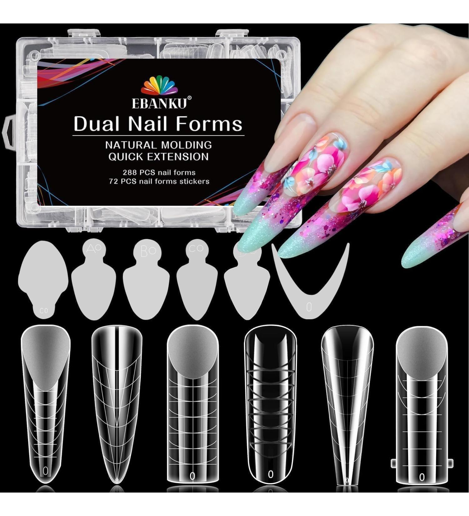 EBANKU 288PCS Clear Dual Nail Forms System Full Cover Nail Mold Tips Acrylic Nail Extension with 72PCS Nail Forms Stickers for Nail Art Salon Nails Design - Buy Online on GoSupps.com