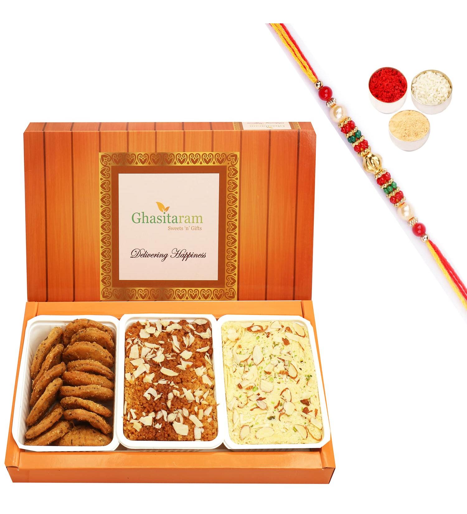 Ghasitaram Gifts Rakhi Gifts for Brothers Rakhi Sweets - Soan Papdi Milk Cake and Methi Mathi with Pearl Beads Rakhi Soan Papdi Milk Cake and Methi Mathi with Rakhi - Buy Online on GoSupps.com