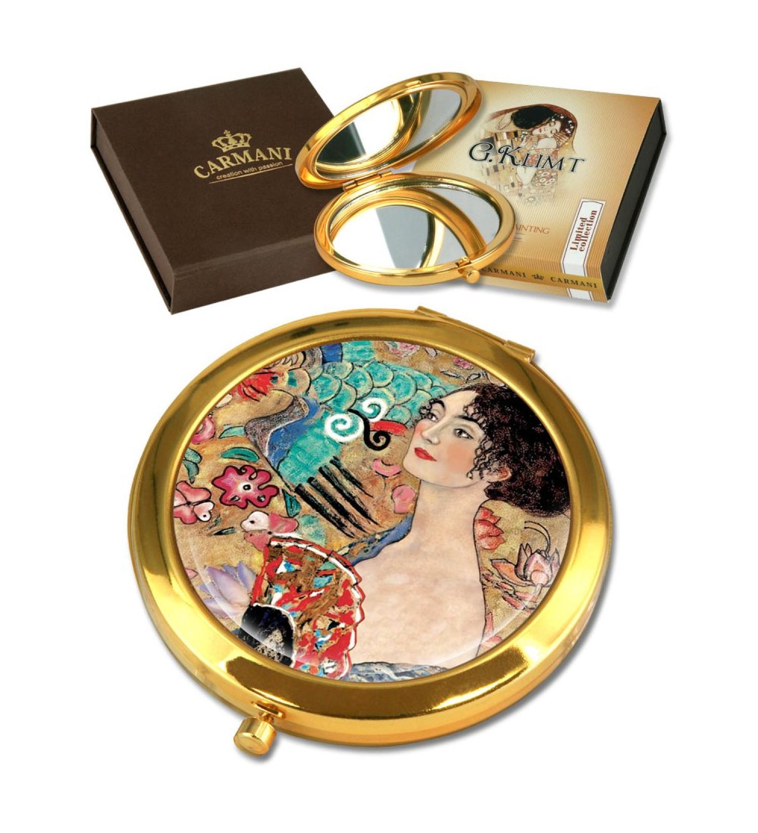 Gustav Klimt 'Lady with Fan' Gold Plated Bronze Pocket Mirror - Compact Travel Make-up Mirror - Buy Online on GoSupps.com